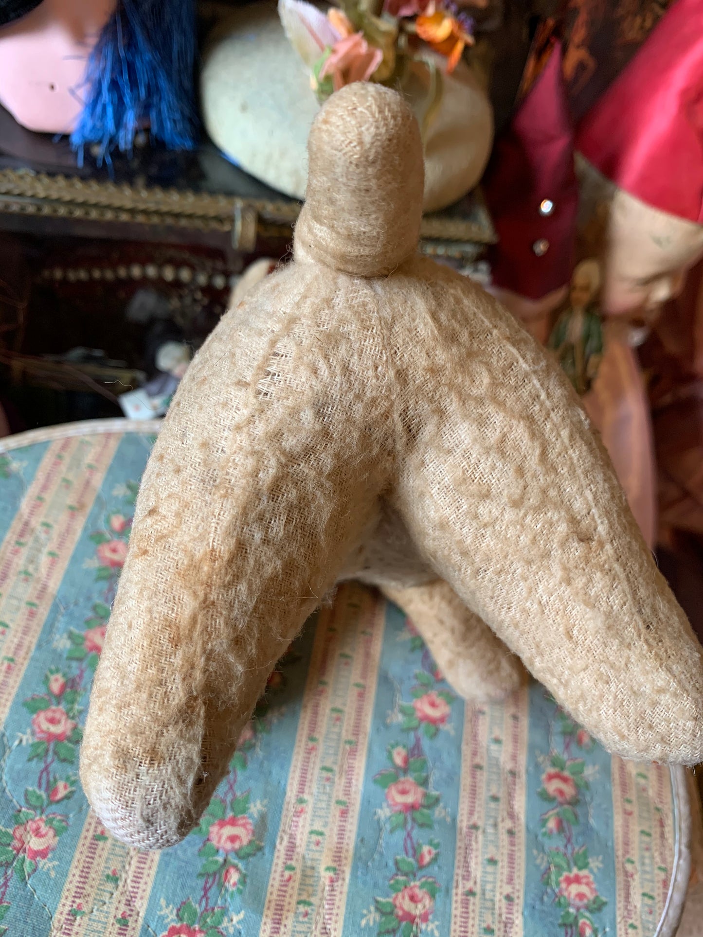 Vintage stuffed toy dog straw stuffed puppy rattle with glass eyes