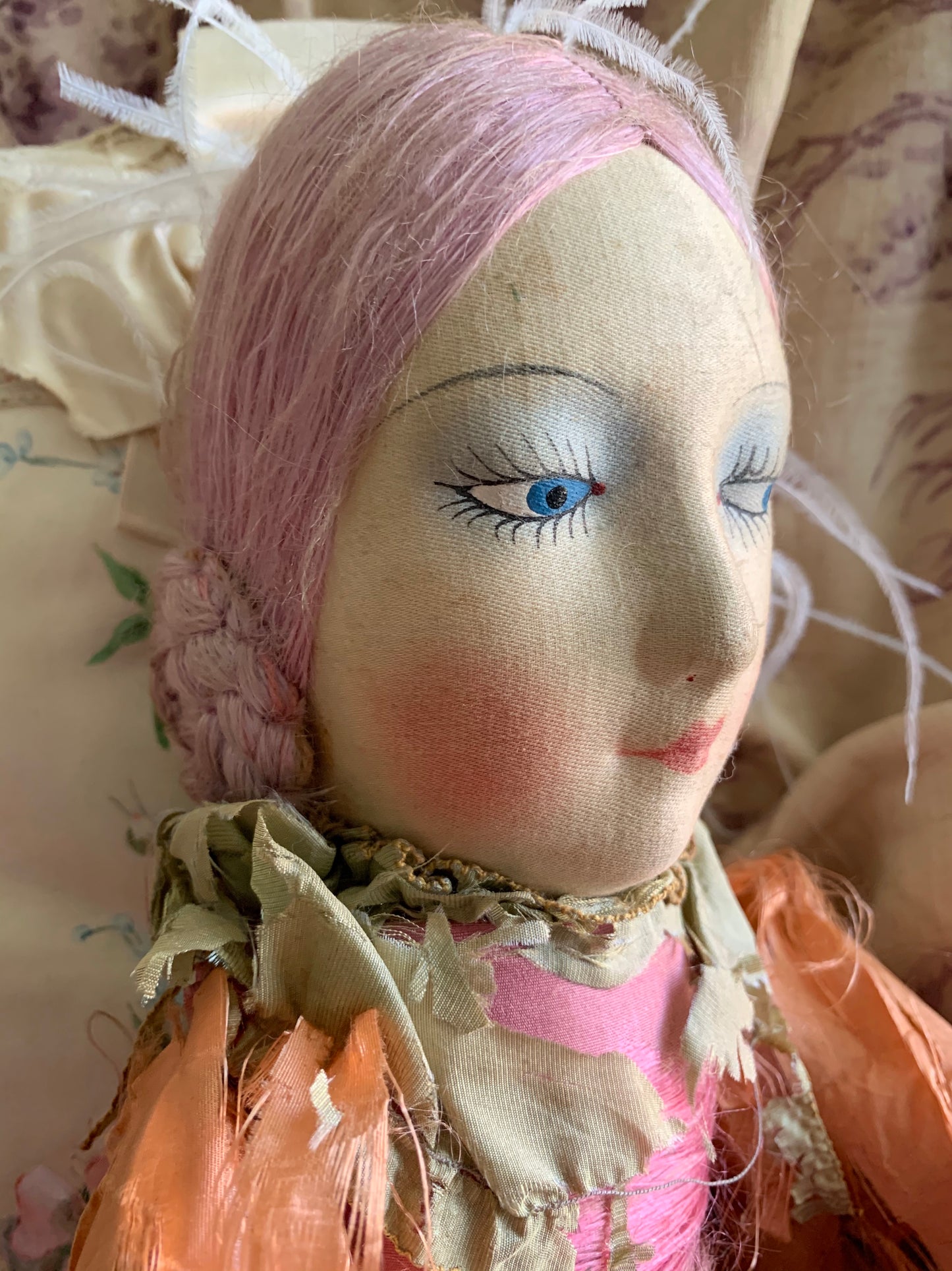 Vintage pink lavender hair flapper boudoir doll French style bed doll