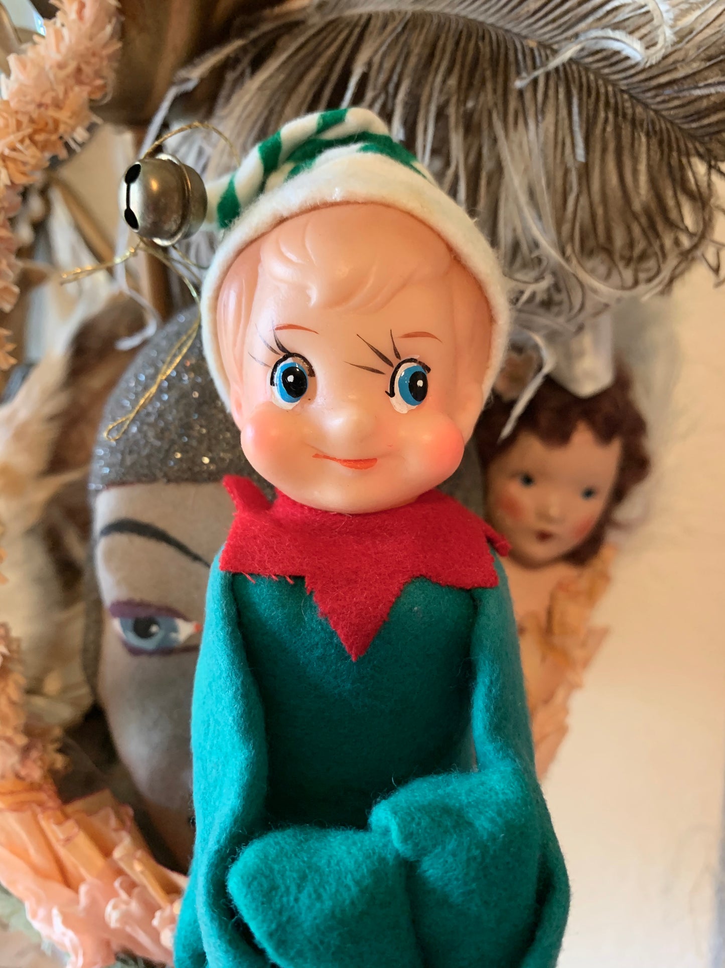 Vintage knee hugger elf Christmas shelf sitter pixie doll
