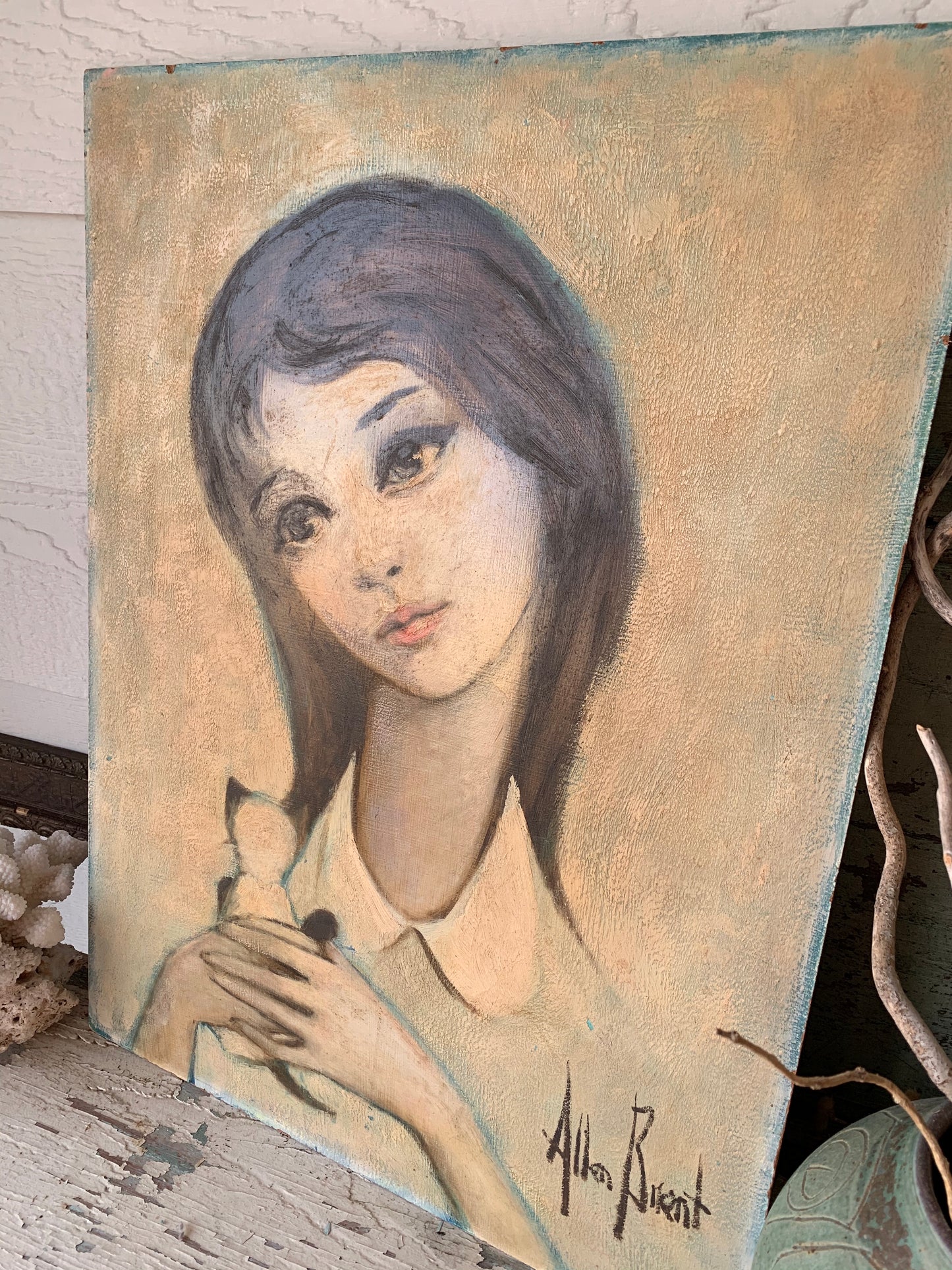 Vintage original Allen Brent painting big eye girl with kitten