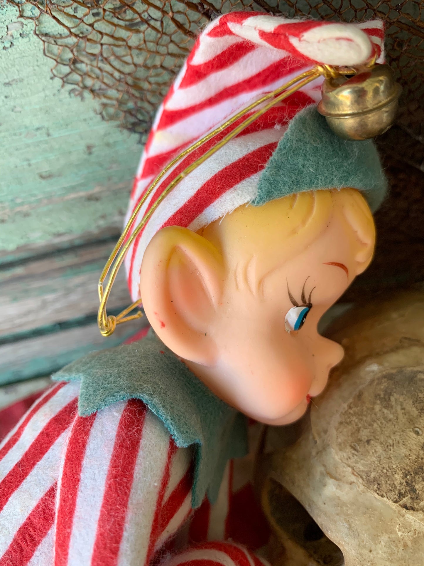 Vintage knee hugger elf red striped Christmas shelf sitter pixie
