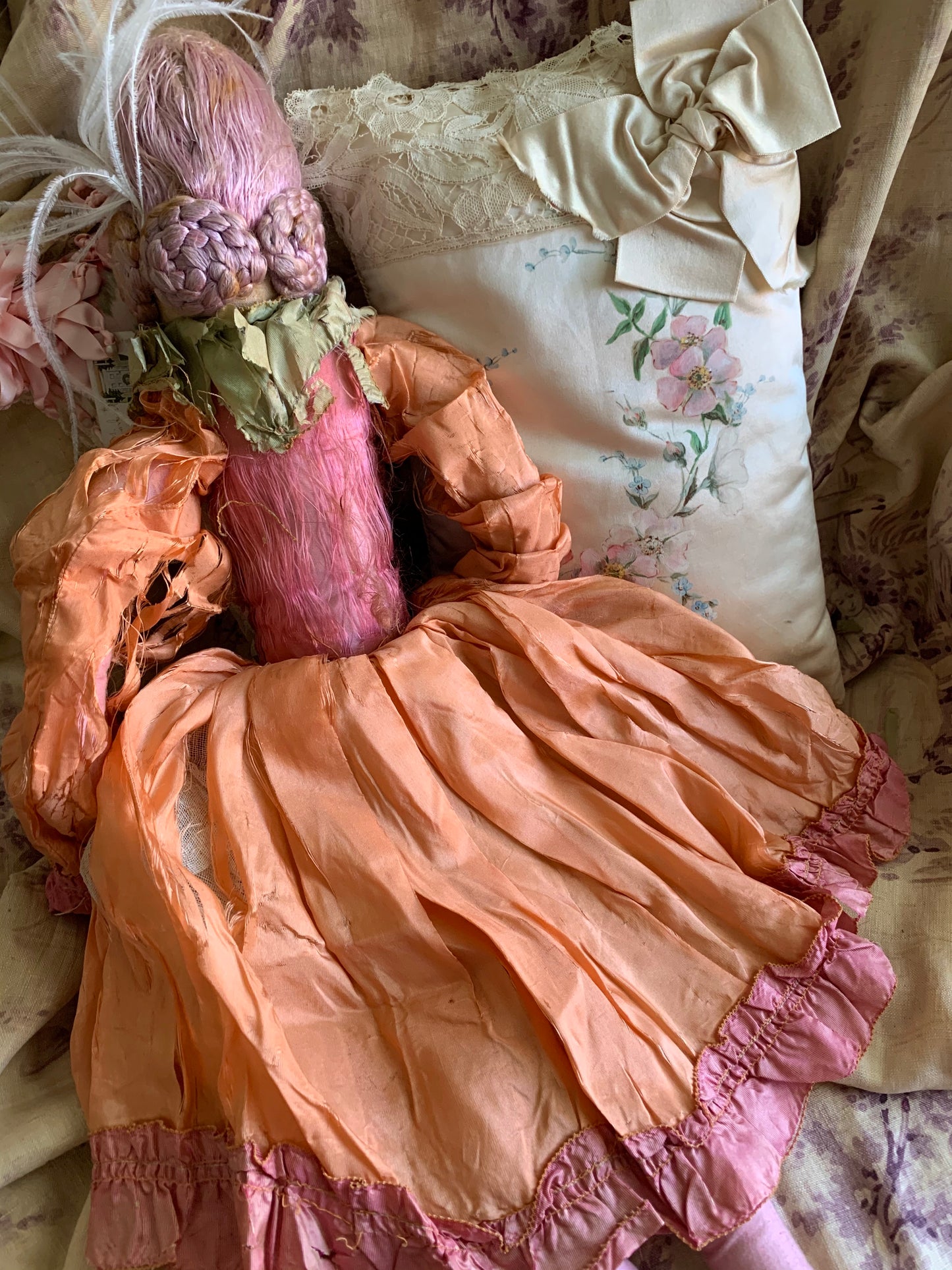 Vintage pink lavender hair flapper boudoir doll French style bed doll