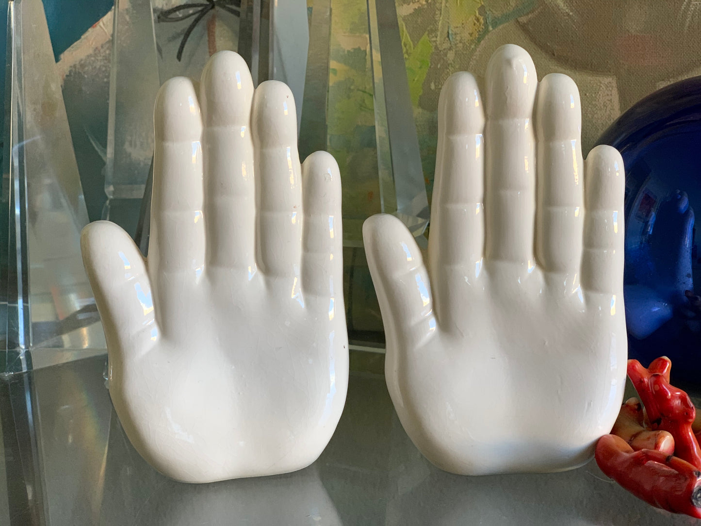 Vintage pair white figural hand bookends modern statue set