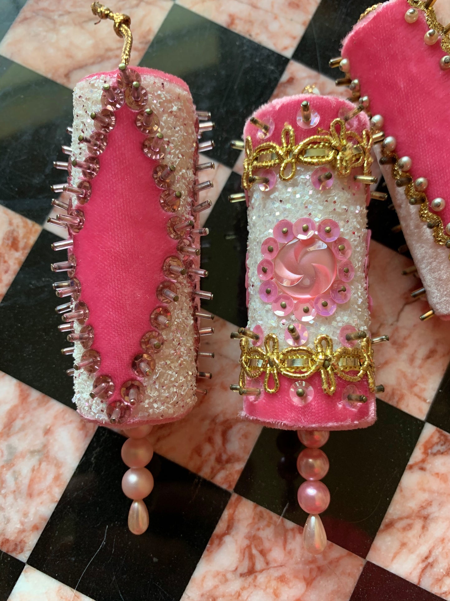 Vintage set pink velvet beaded handmade retro Christmas ornaments