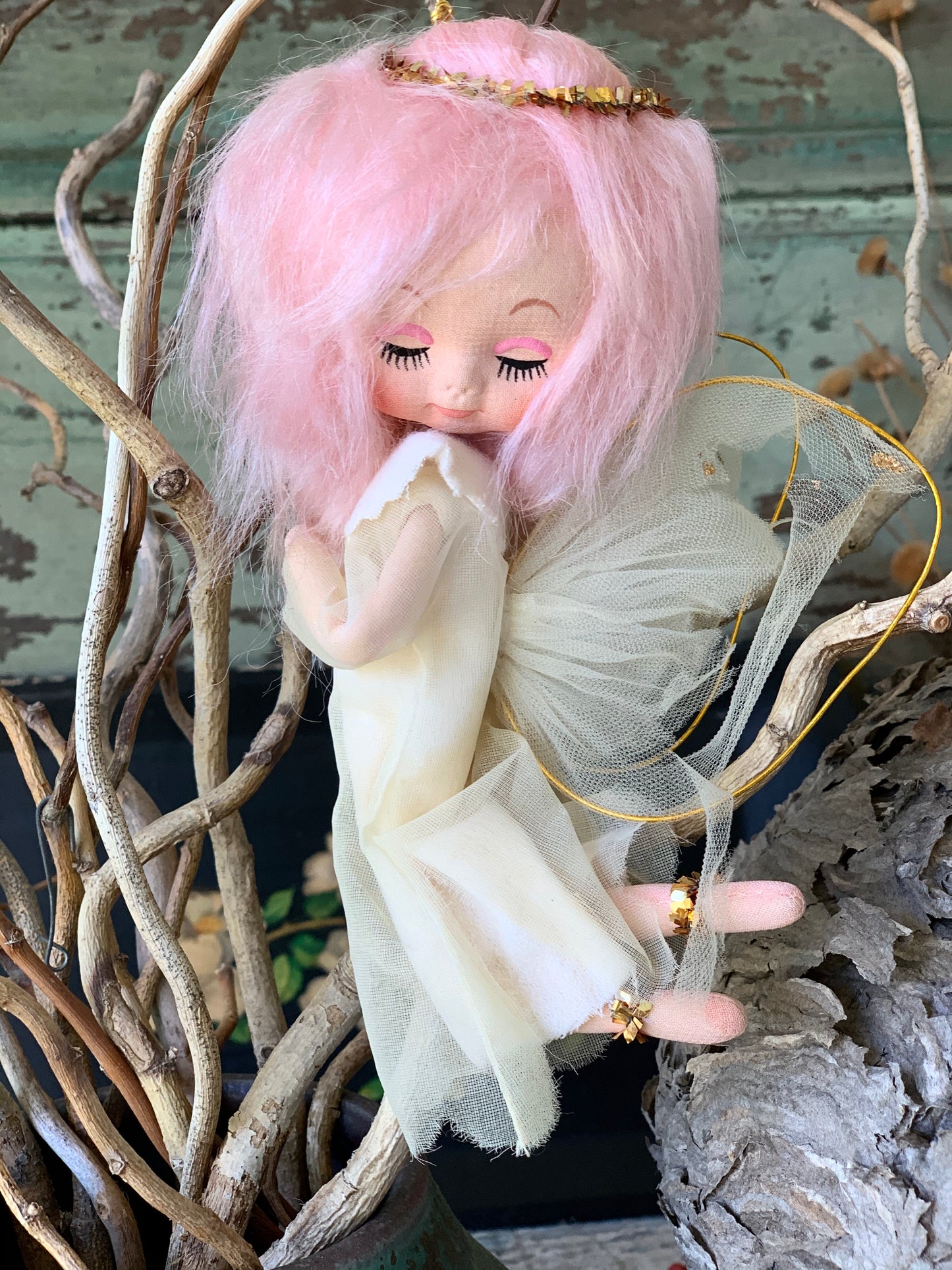 Vintage pink hair shabby Christmas angel