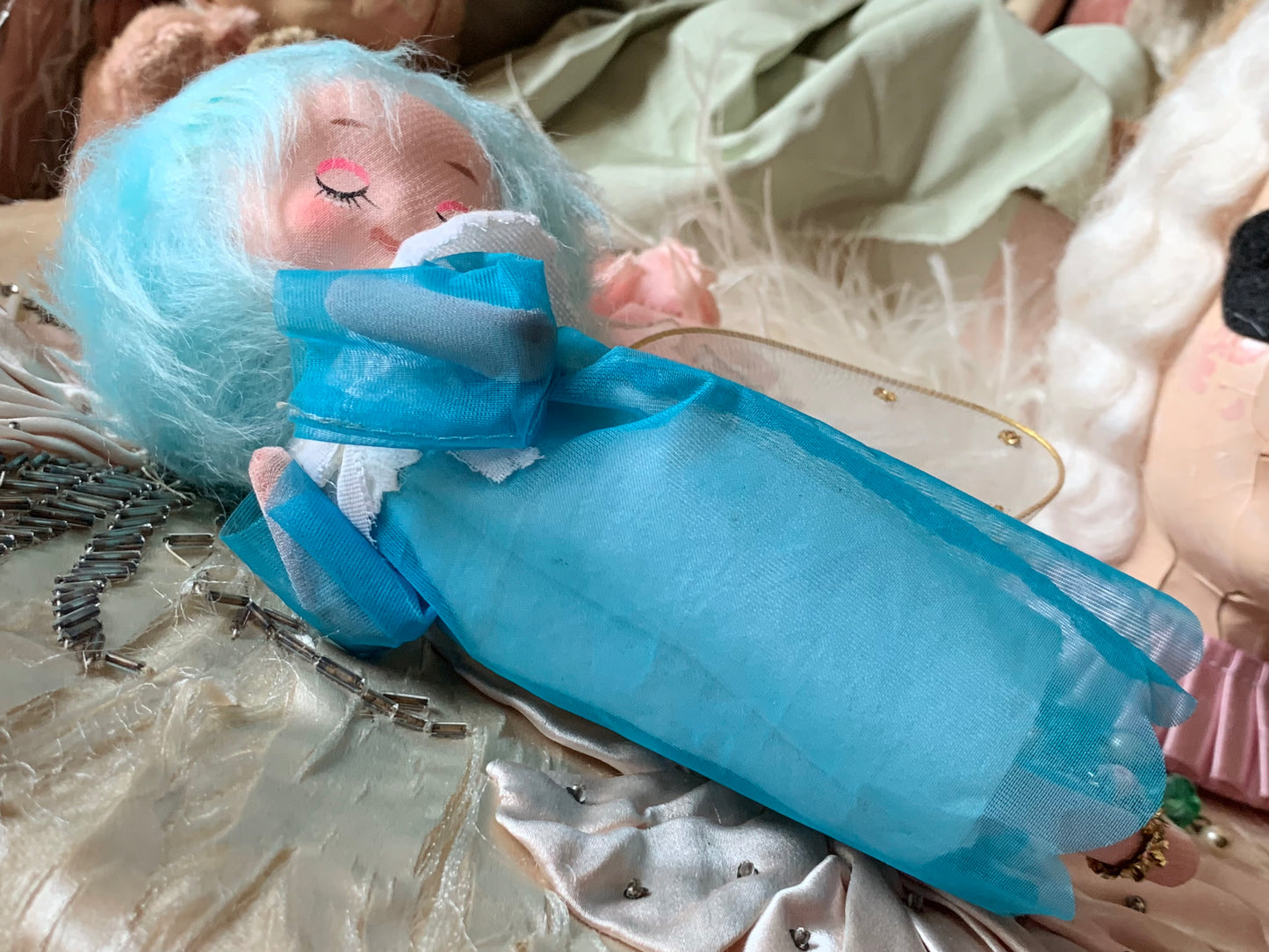 Vintage blue hair angel ornament