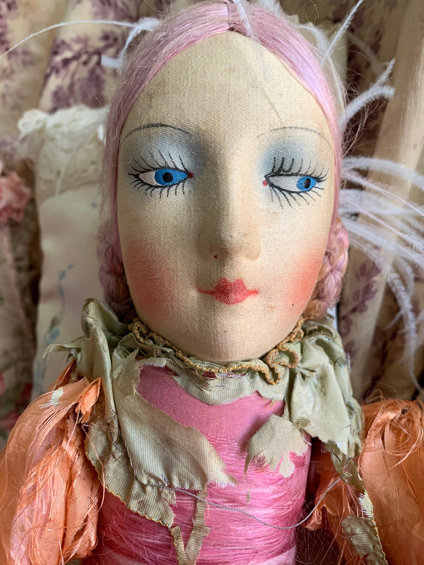 Vintage pink lavender hair flapper boudoir doll French style bed doll