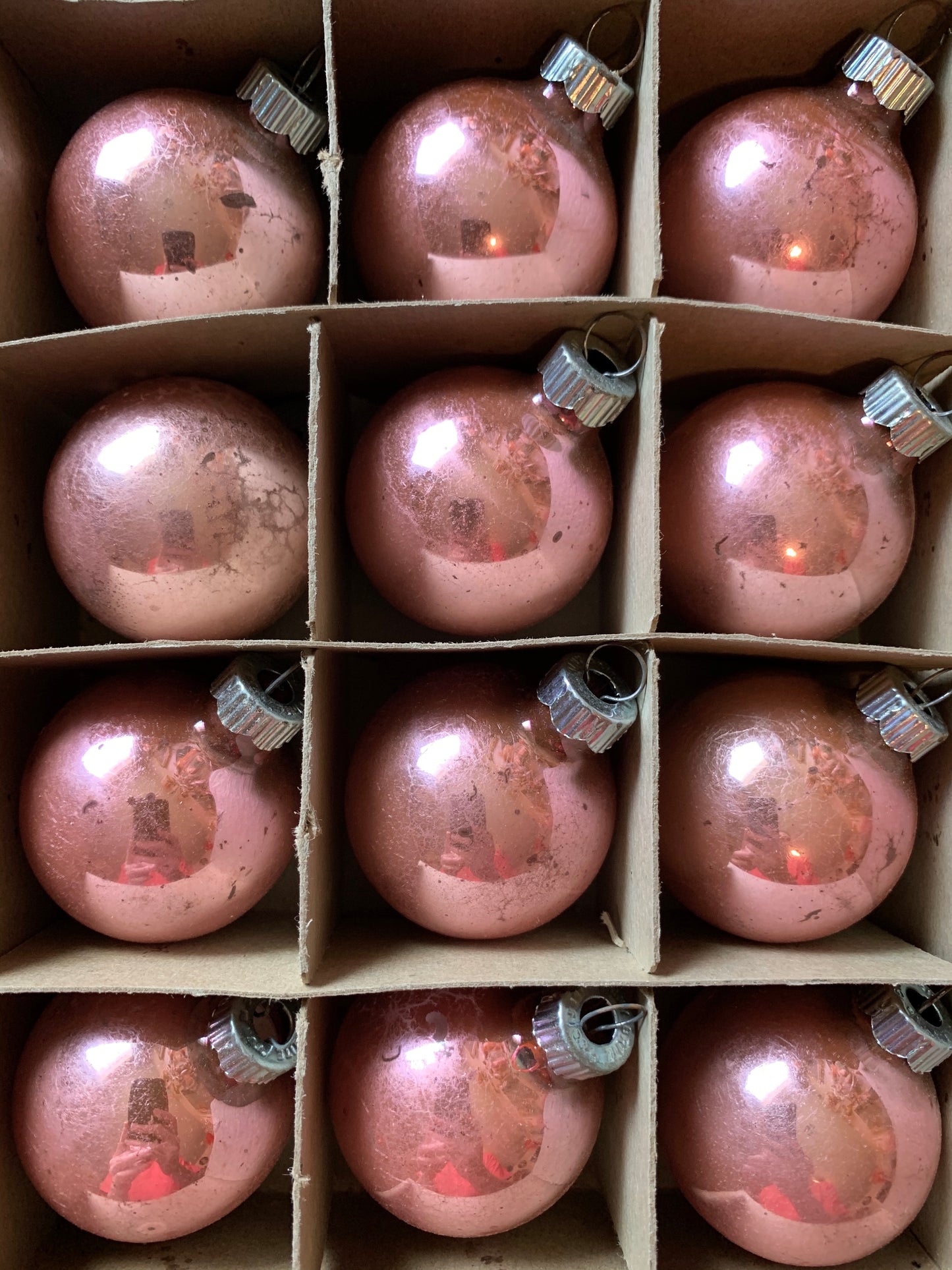 Vintage Shiny Brite pink box retro glass ball ornaments