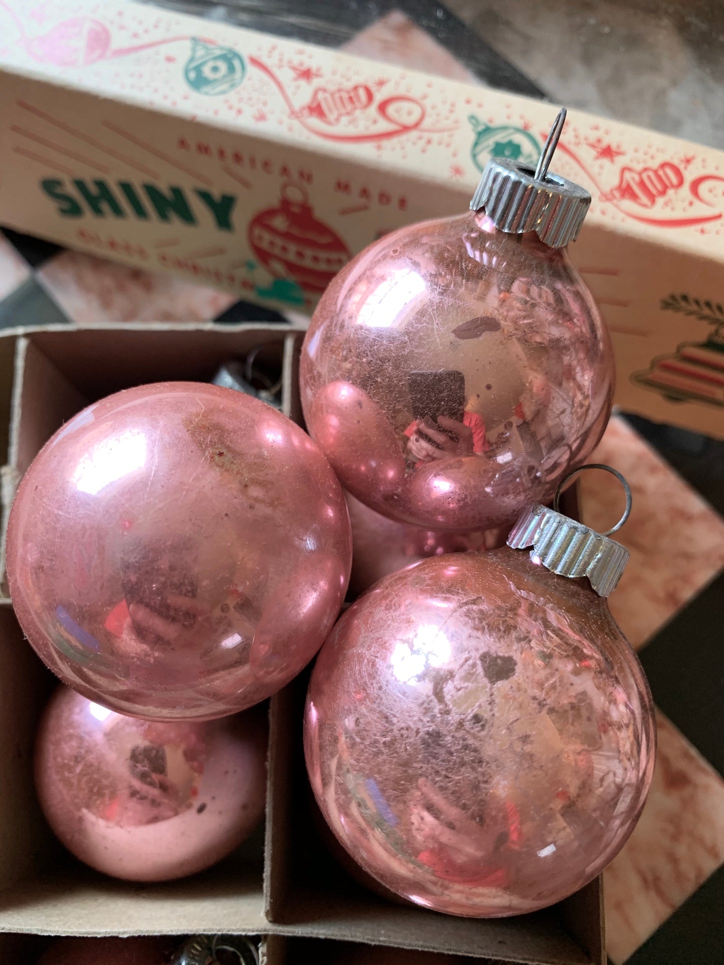 Vintage Shiny Brite pink box retro glass ball ornaments