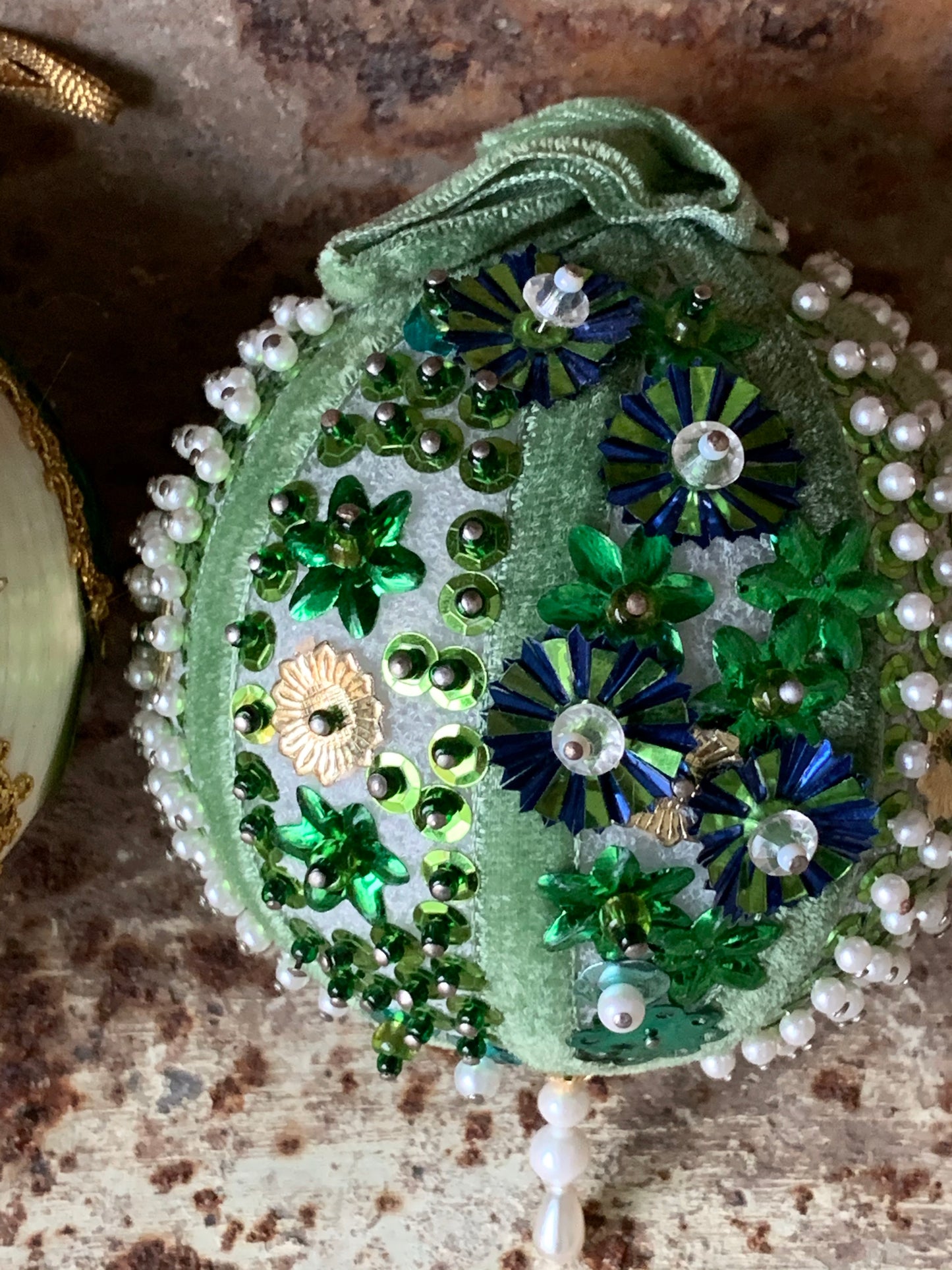 Vintage set green beaded Christmas ornaments