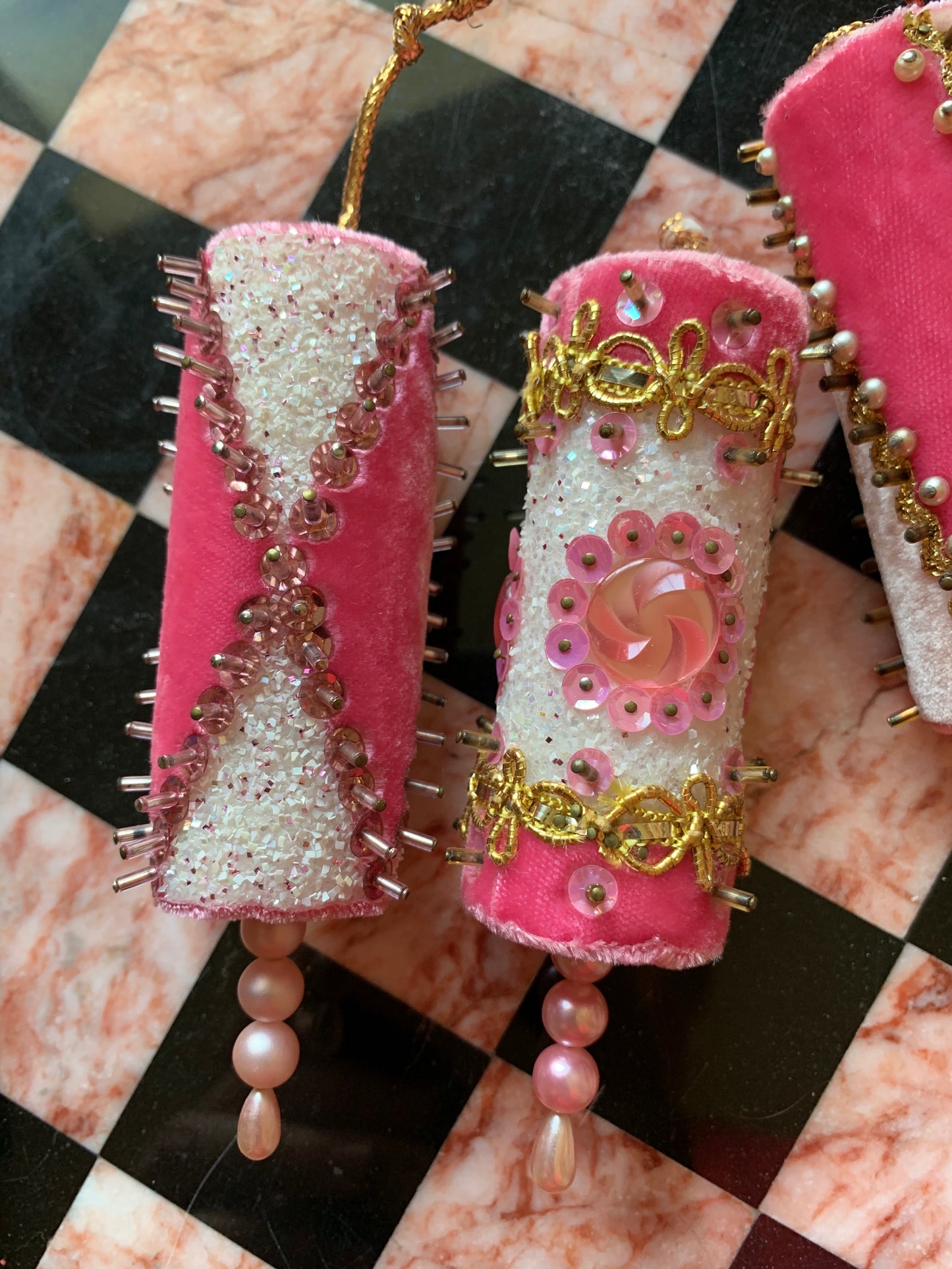Vintage set pink velvet beaded handmade retro Christmas ornaments