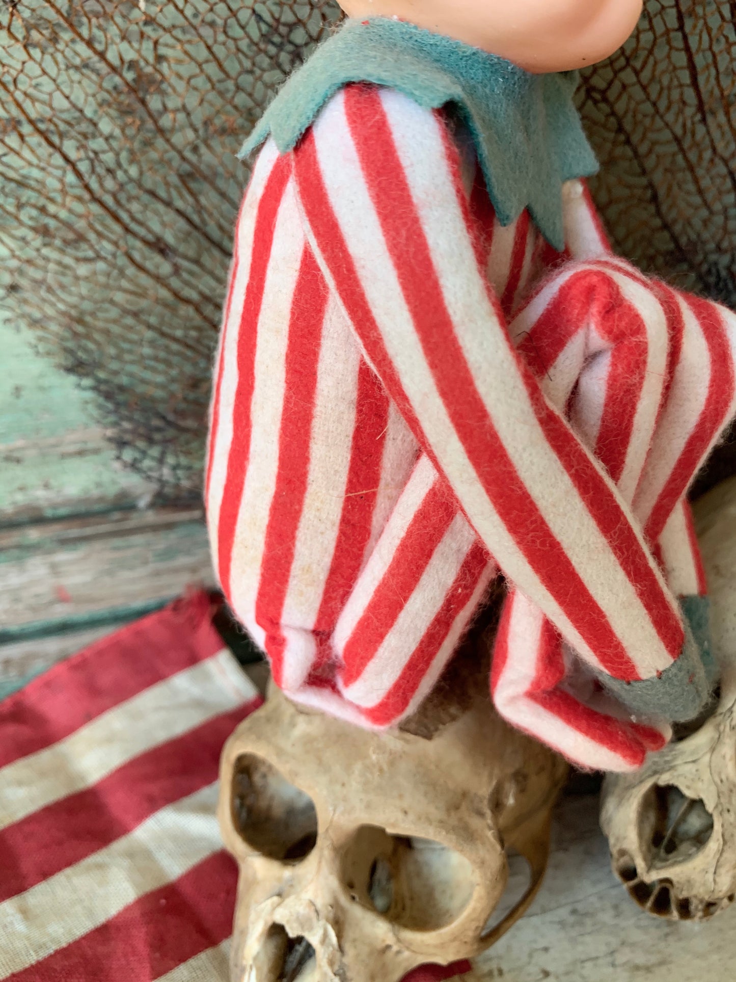 Vintage knee hugger elf red striped Christmas shelf sitter pixie