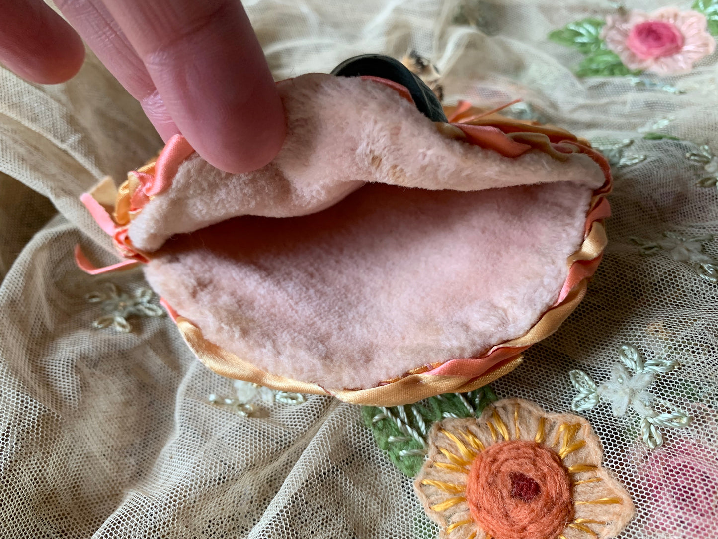 Vintage porcelain half doll flat back bust on silk