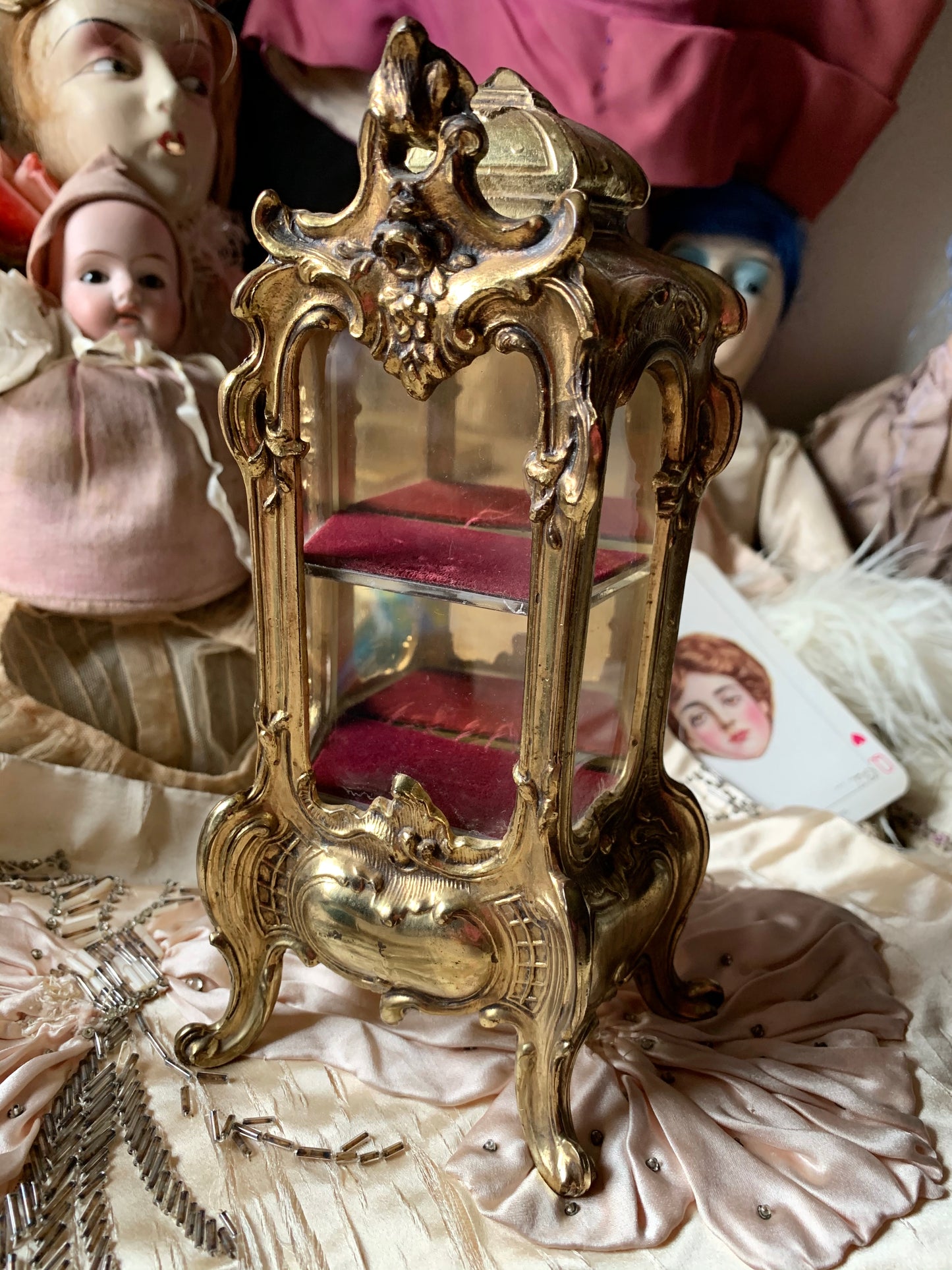 Vintage miniature fancy French style vitrine cabinet