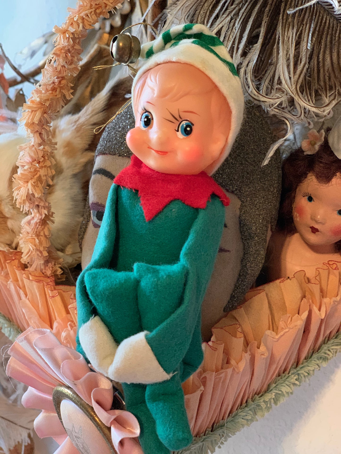 Vintage knee hugger elf Christmas shelf sitter pixie doll