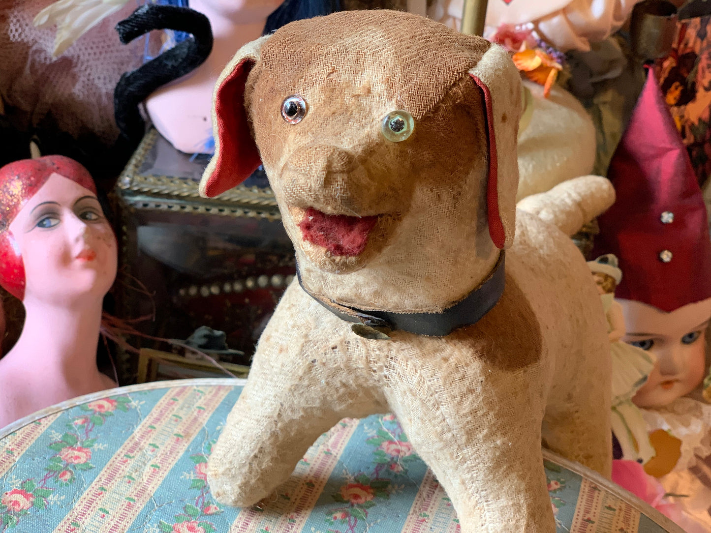 Vintage stuffed toy dog straw stuffed puppy rattle with glass eyes