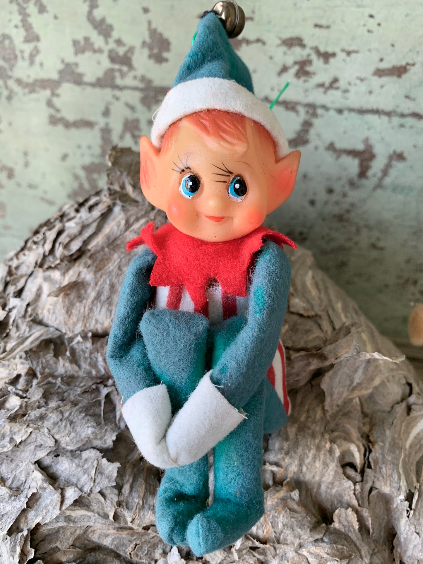 Vintage knee hugger elf striped Christmas shelf sitter pixie