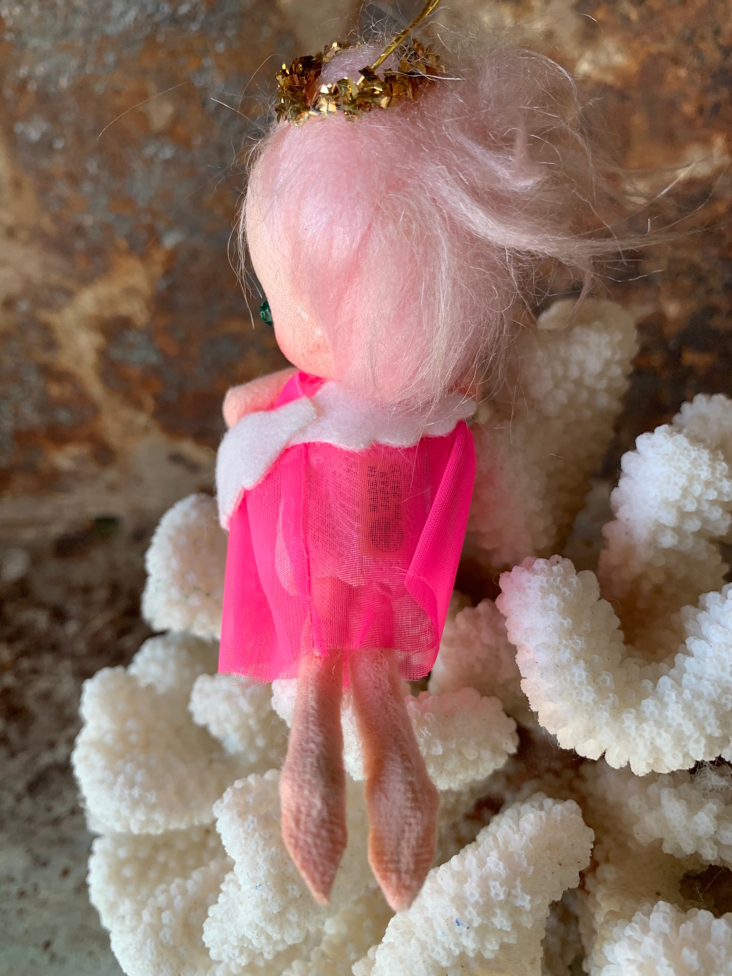 Vintage mini pink hair angel ornament Christmas pixie