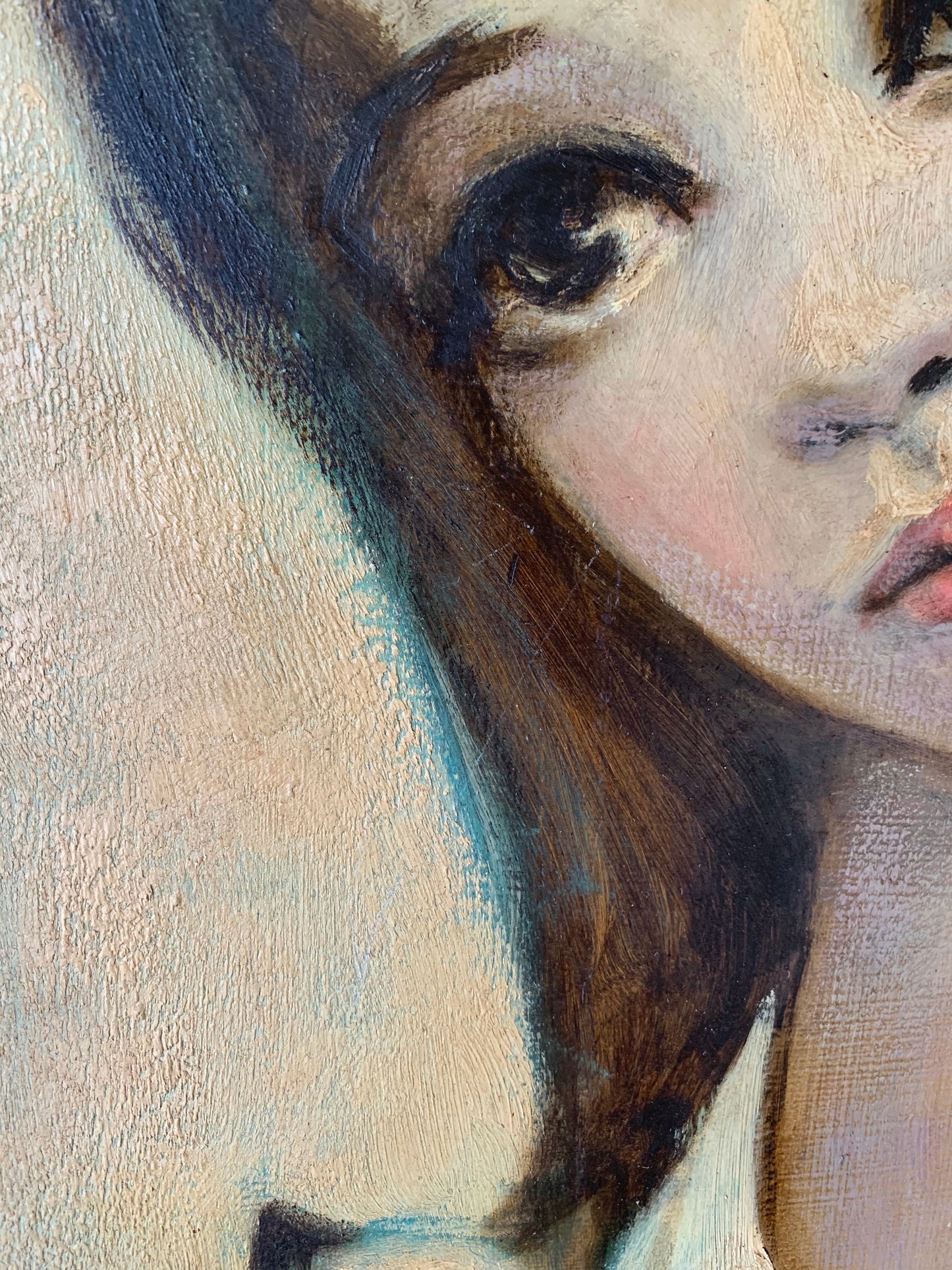 Vintage original Allen Brent painting big eye girl with kitten