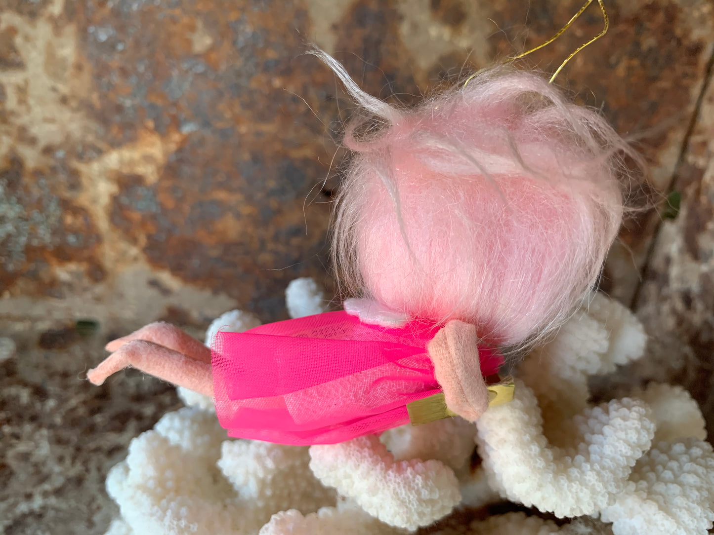 Vintage mini pink hair angel ornament Christmas pixie