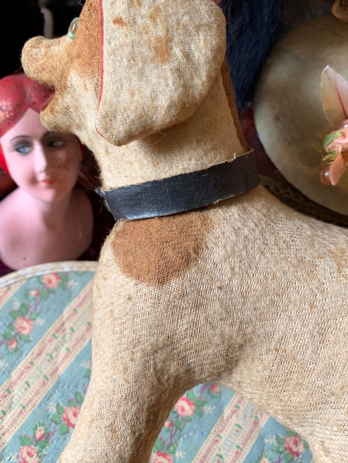 Vintage stuffed toy dog straw stuffed puppy rattle with glass eyes