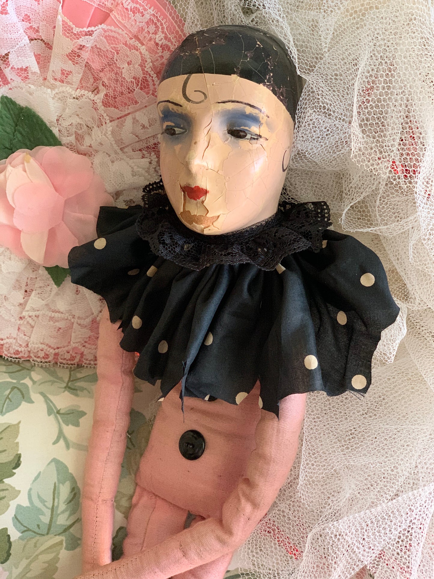 Vintage pierrot boudoir doll French style clown bed doll