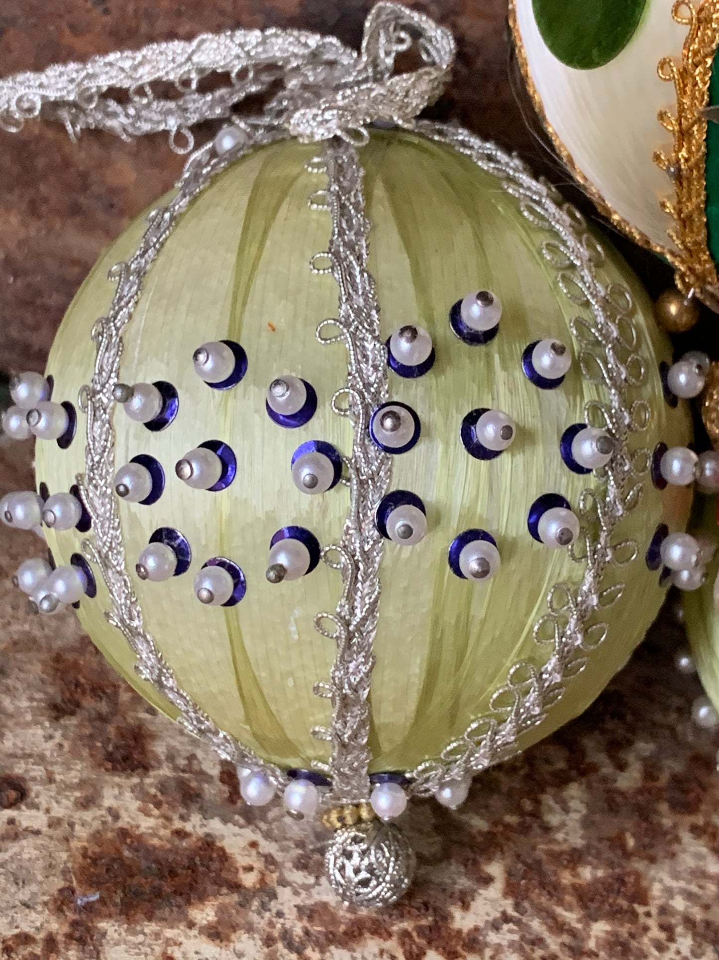Vintage set green beaded Christmas ornaments
