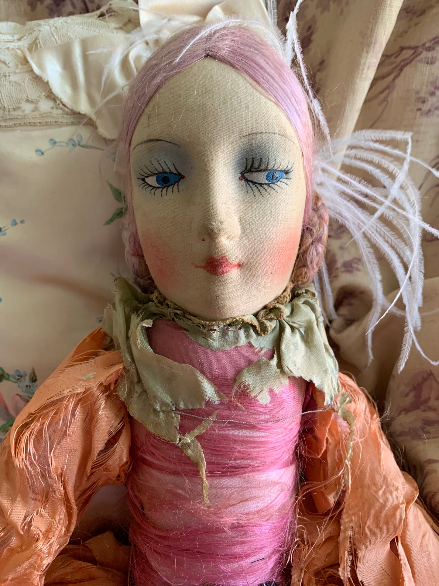 Vintage pink lavender hair flapper boudoir doll French style bed doll