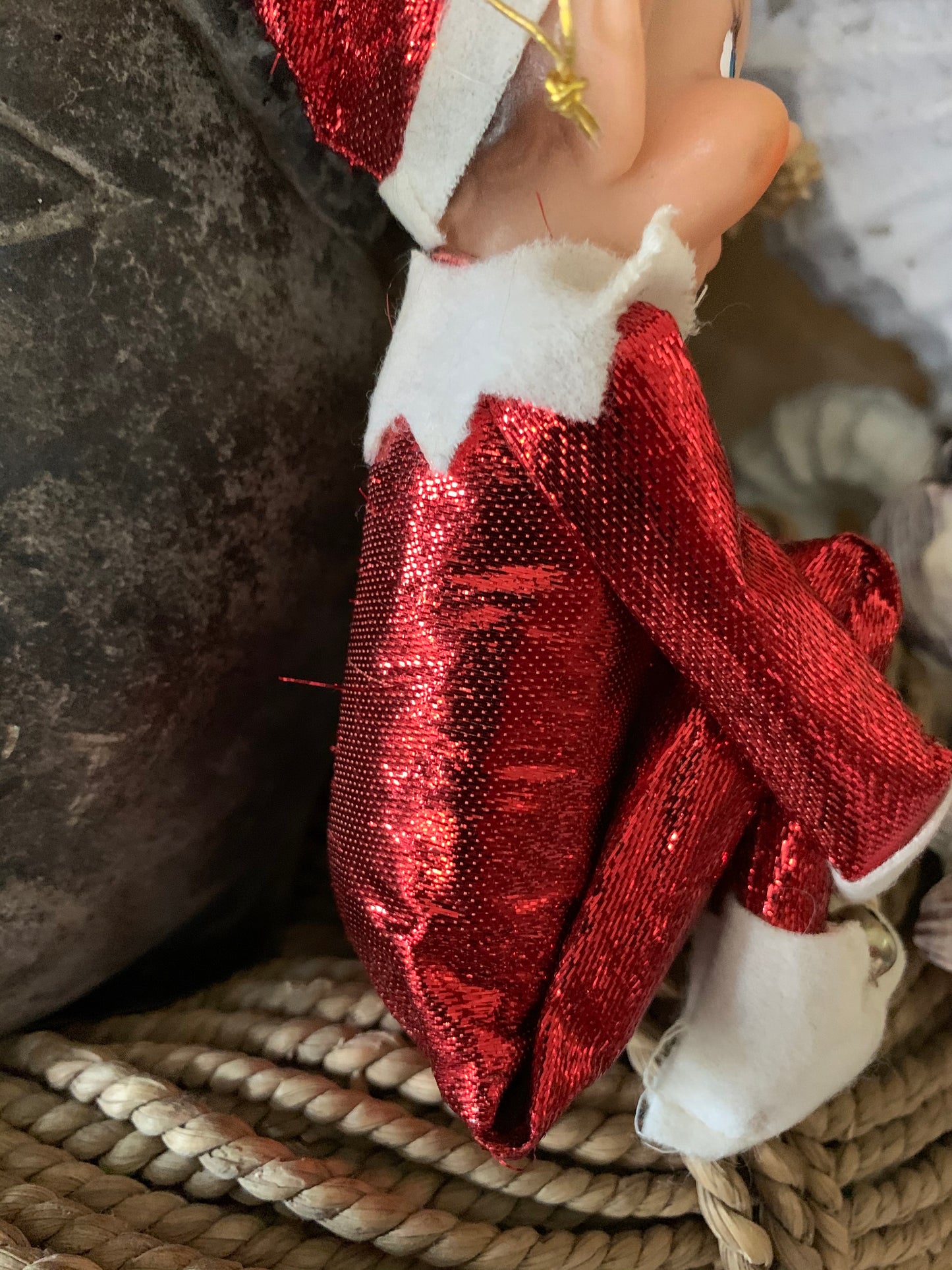 Vintage knee hugger elf sparkly red Christmas shelf sitter pixie