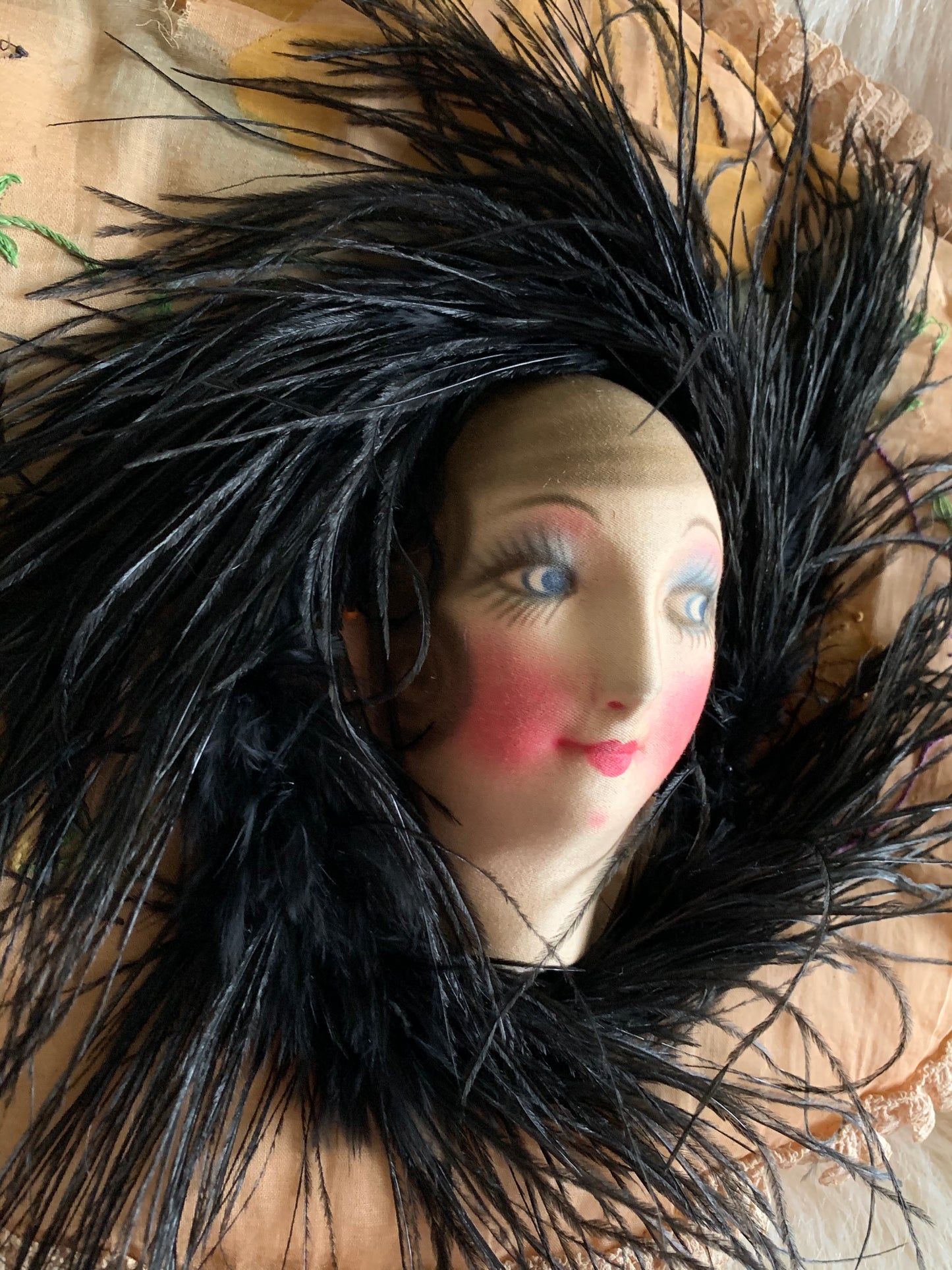 Assembled shabby vintage doll face pillow