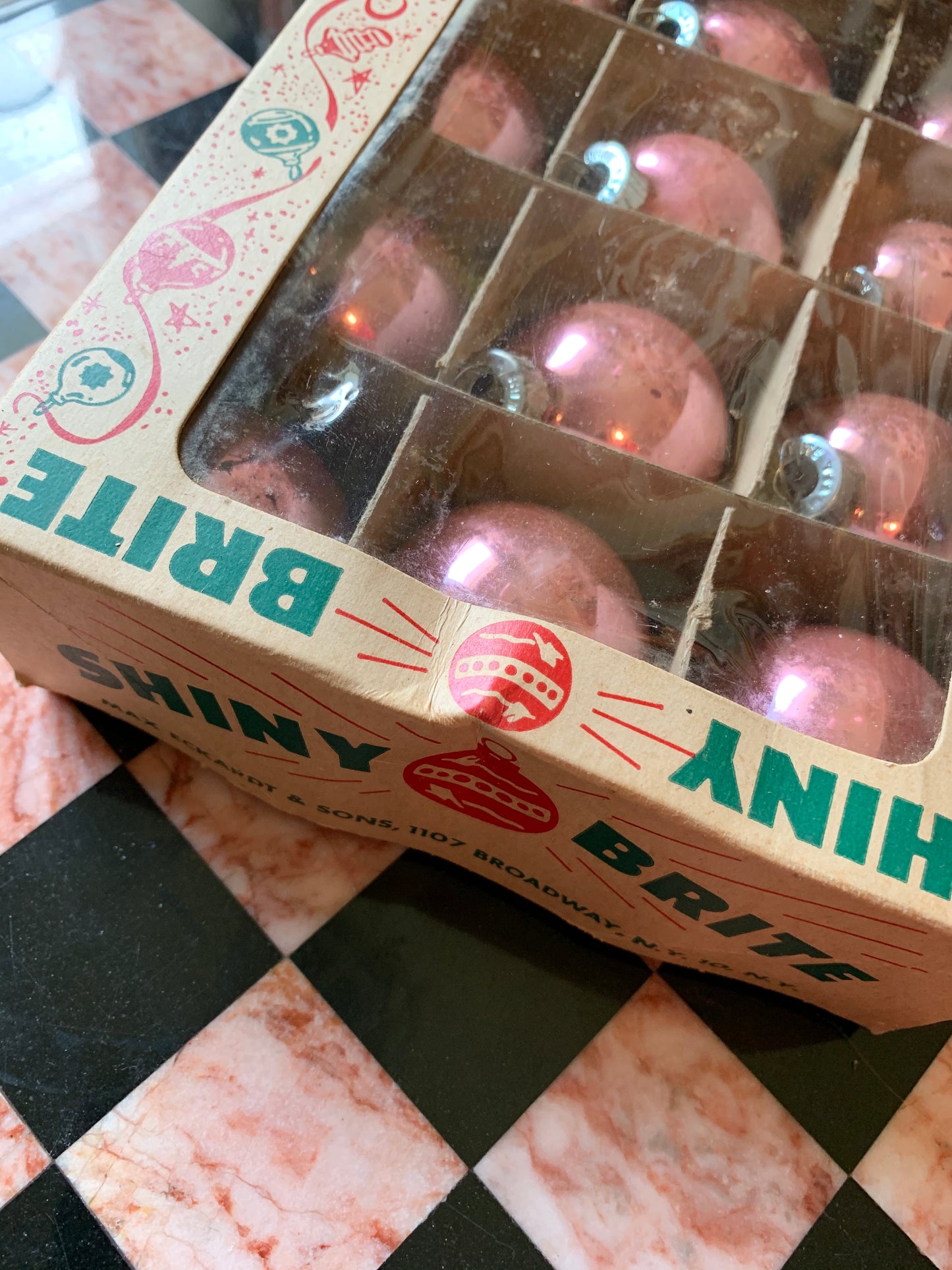 Vintage Shiny Brite pink box retro glass ball ornaments