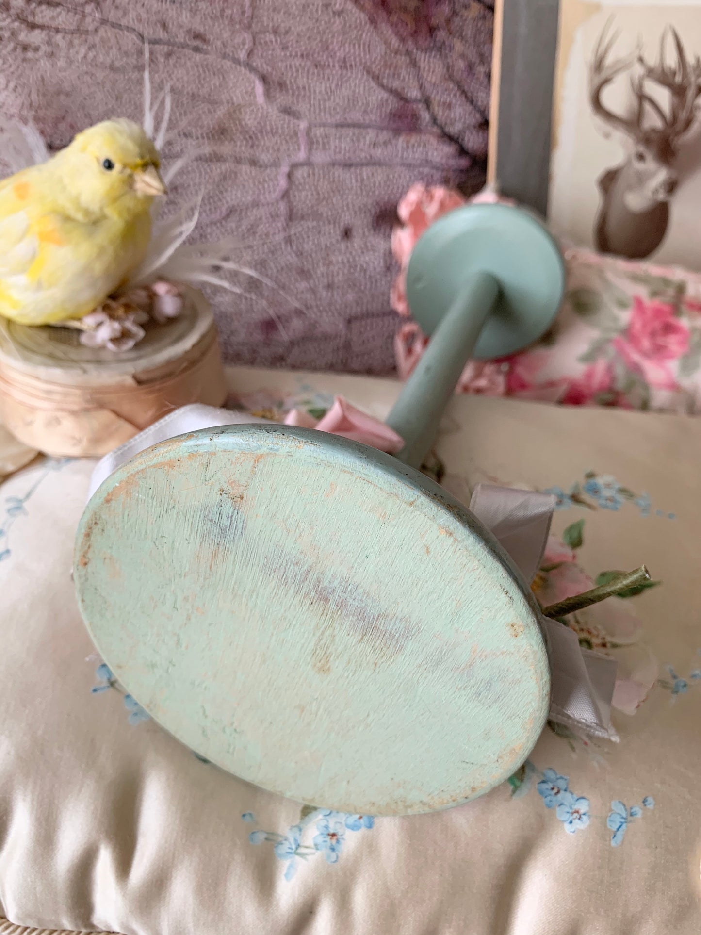 Vintage painted rose pink millinery flower wood hat stand