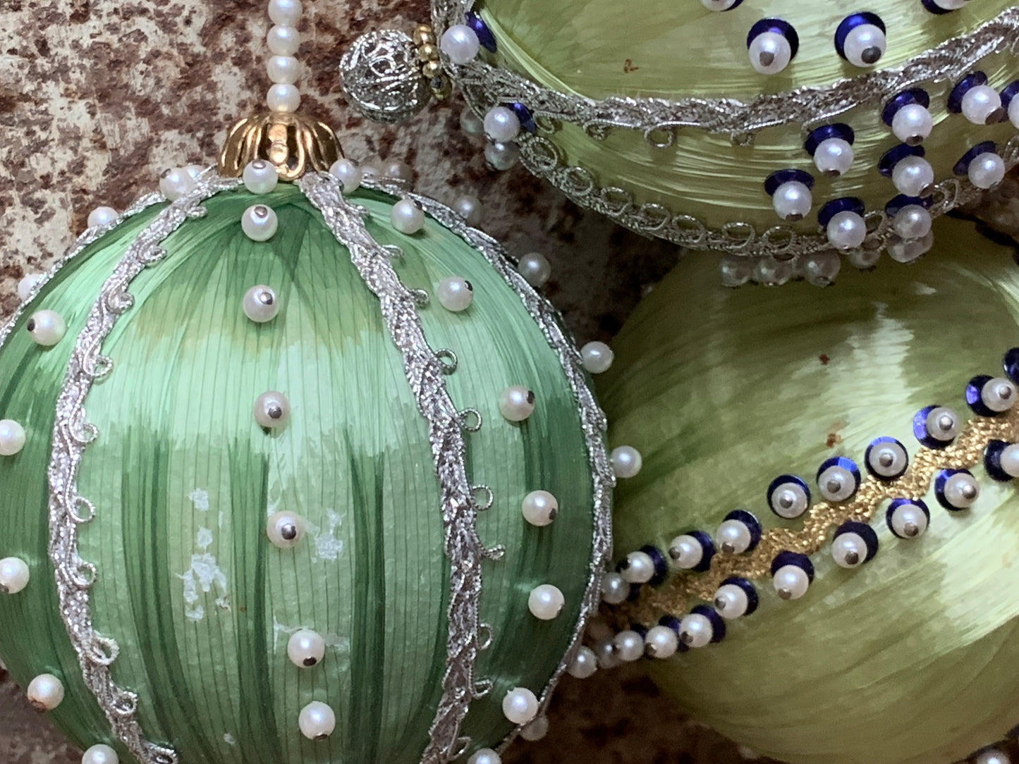 Vintage set green beaded Christmas ornaments