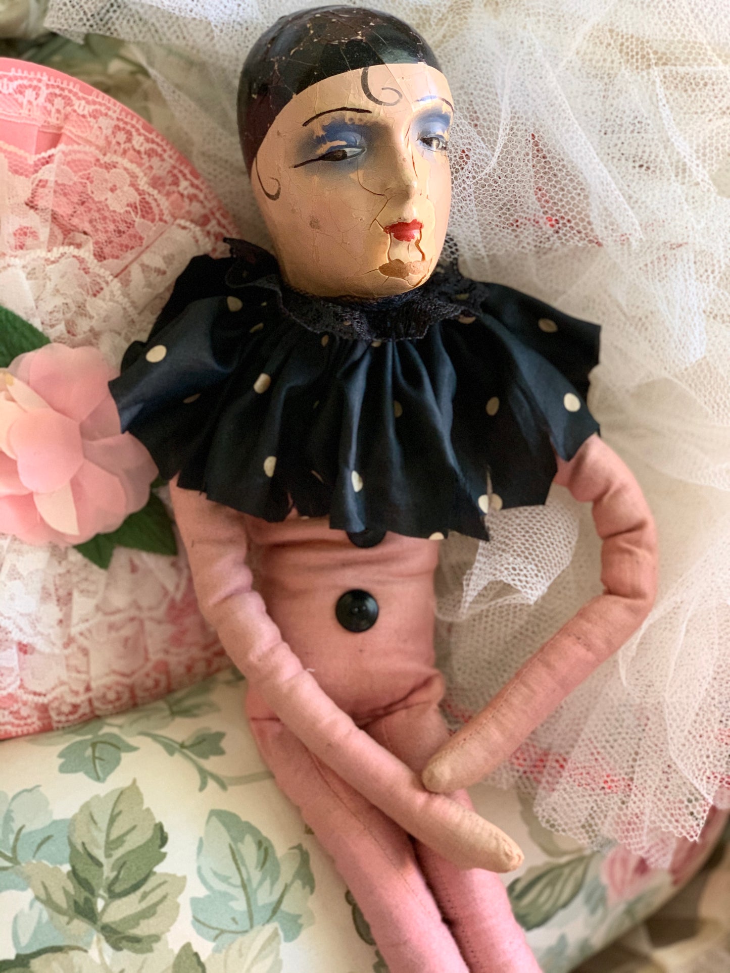 Vintage pierrot boudoir doll French style clown bed doll