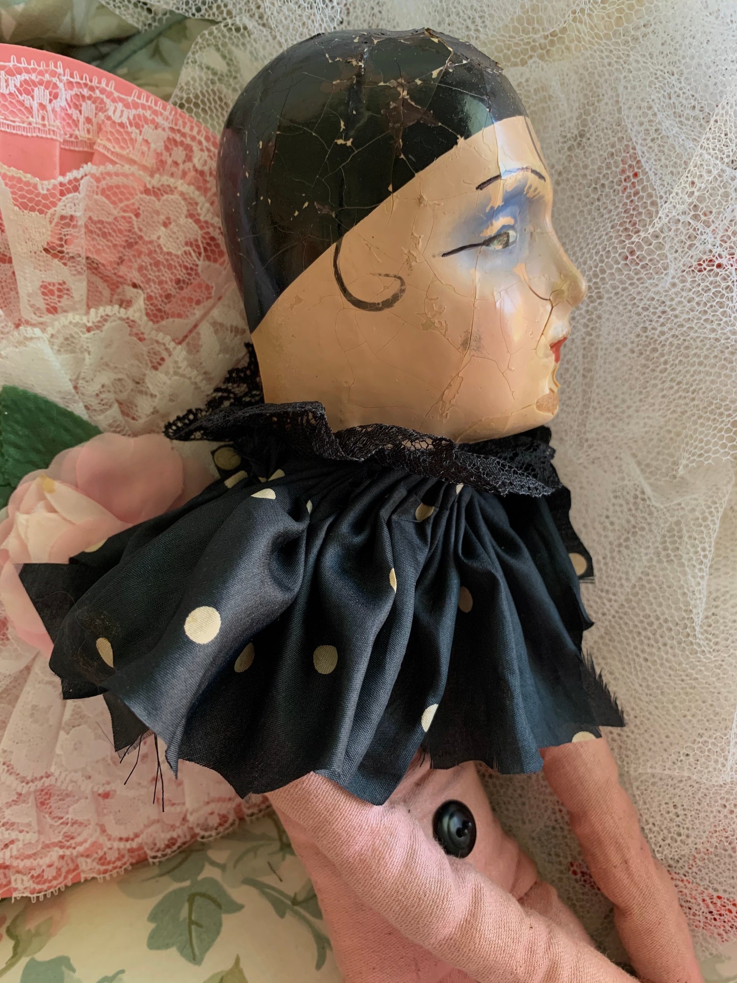 Vintage pierrot boudoir doll French style clown bed doll