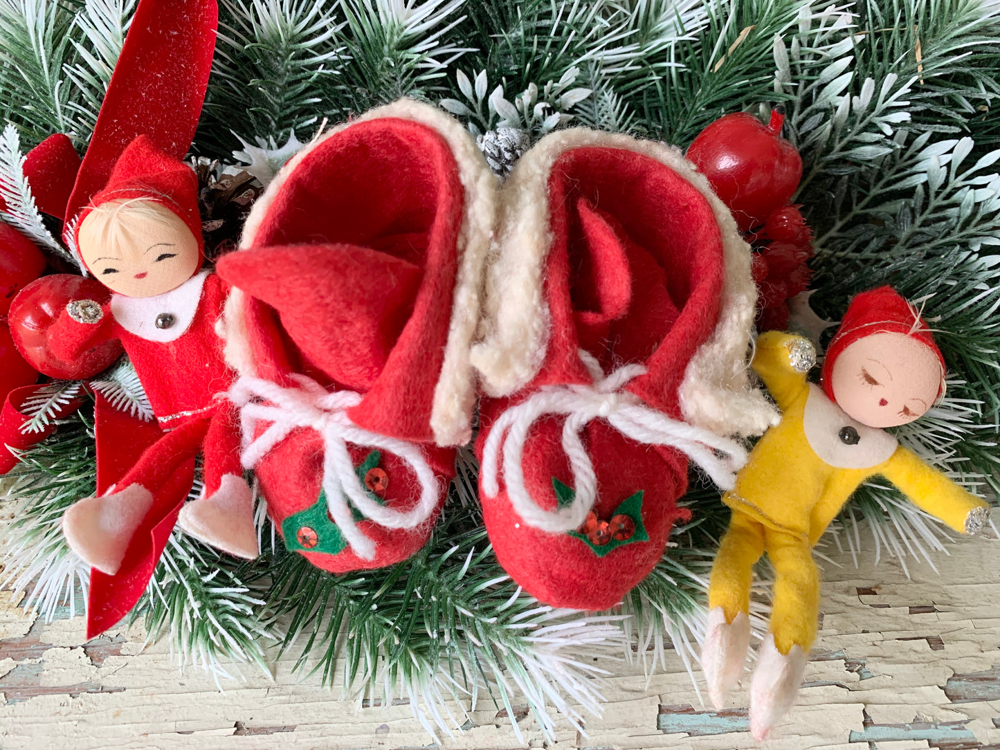 Vintage pair mini elves in boots Christmas pixies