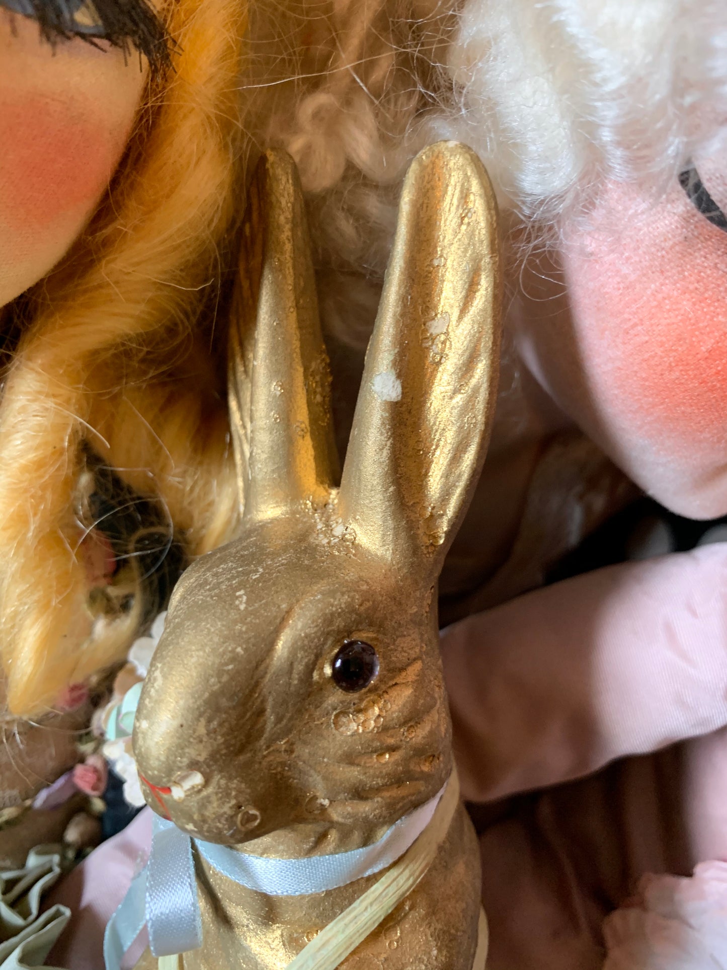 Vintage gold Easter rabbit bunny decoration with glass eyes