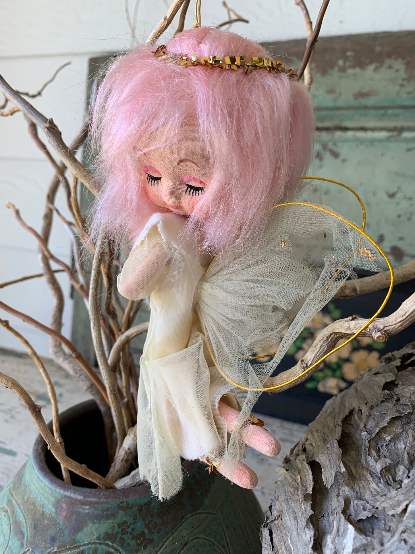 Vintage pink hair shabby Christmas angel