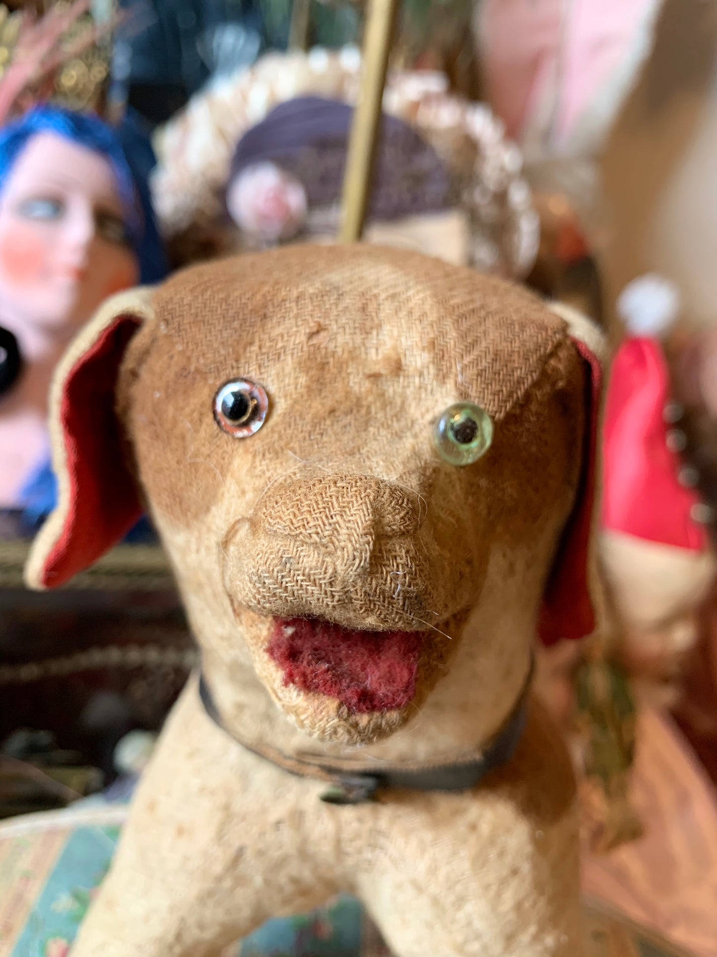 Vintage stuffed toy dog straw stuffed puppy rattle with glass eyes