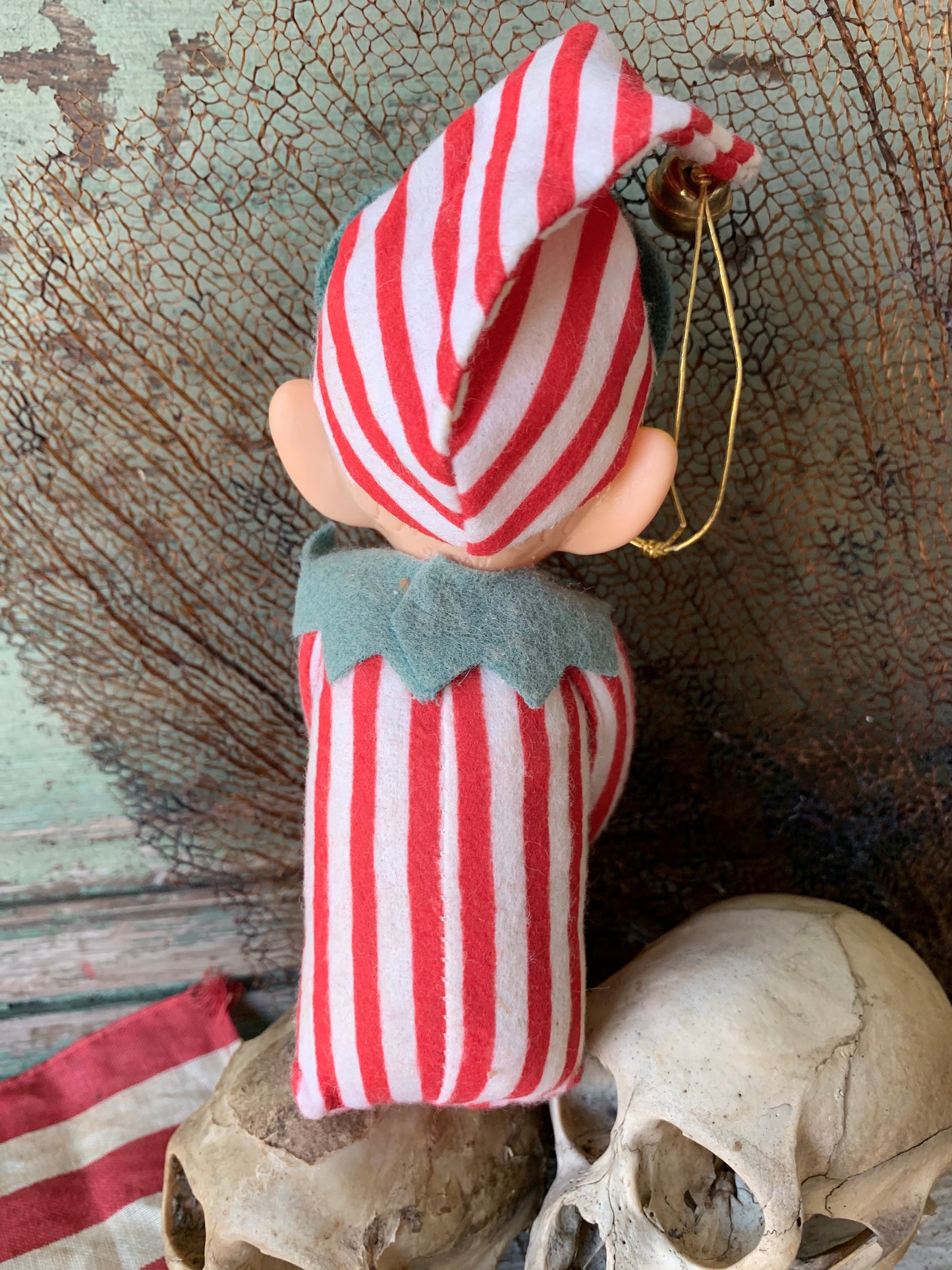 Vintage knee hugger elf red striped Christmas shelf sitter pixie
