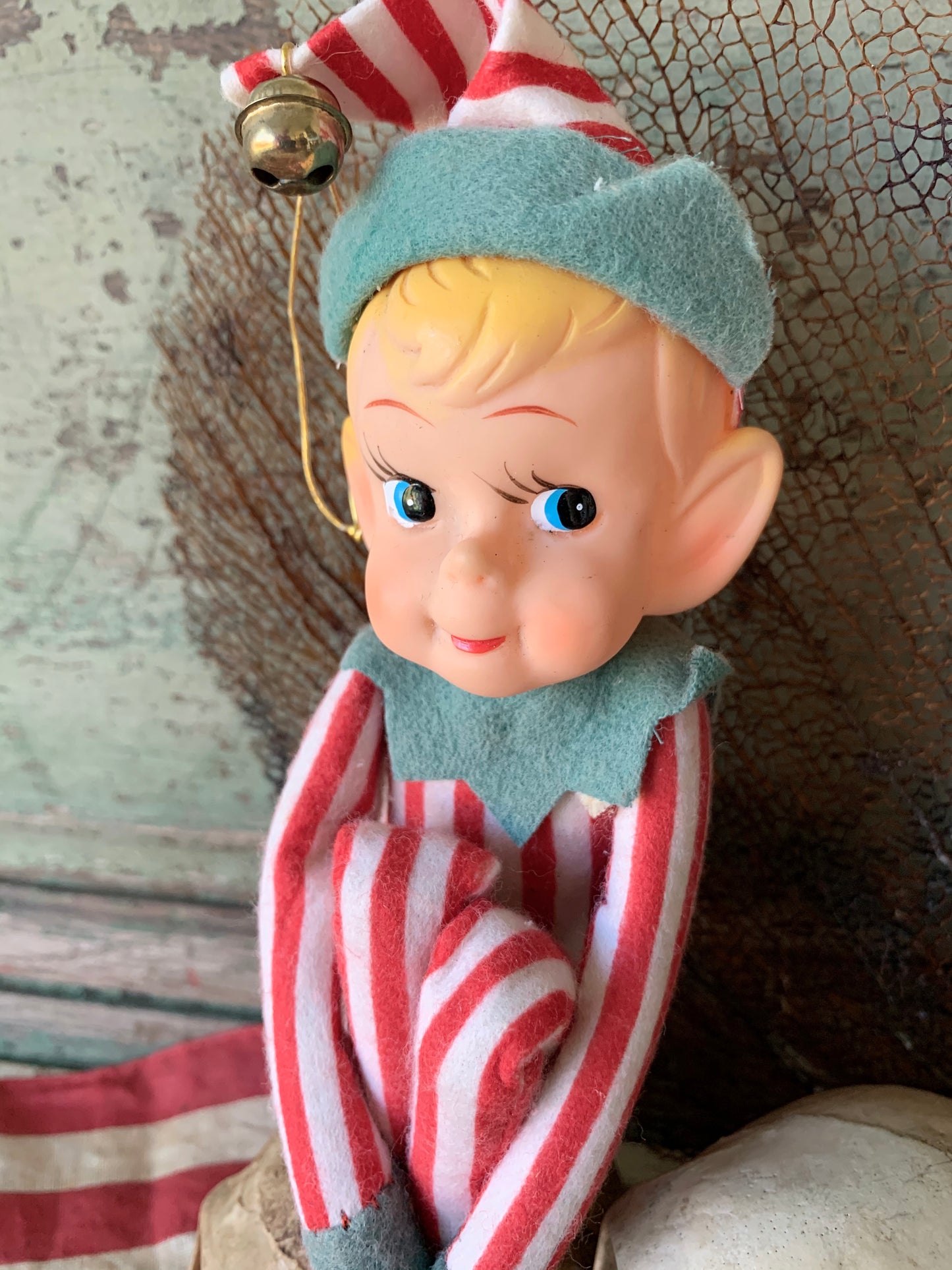 Vintage knee hugger elf red striped Christmas shelf sitter pixie