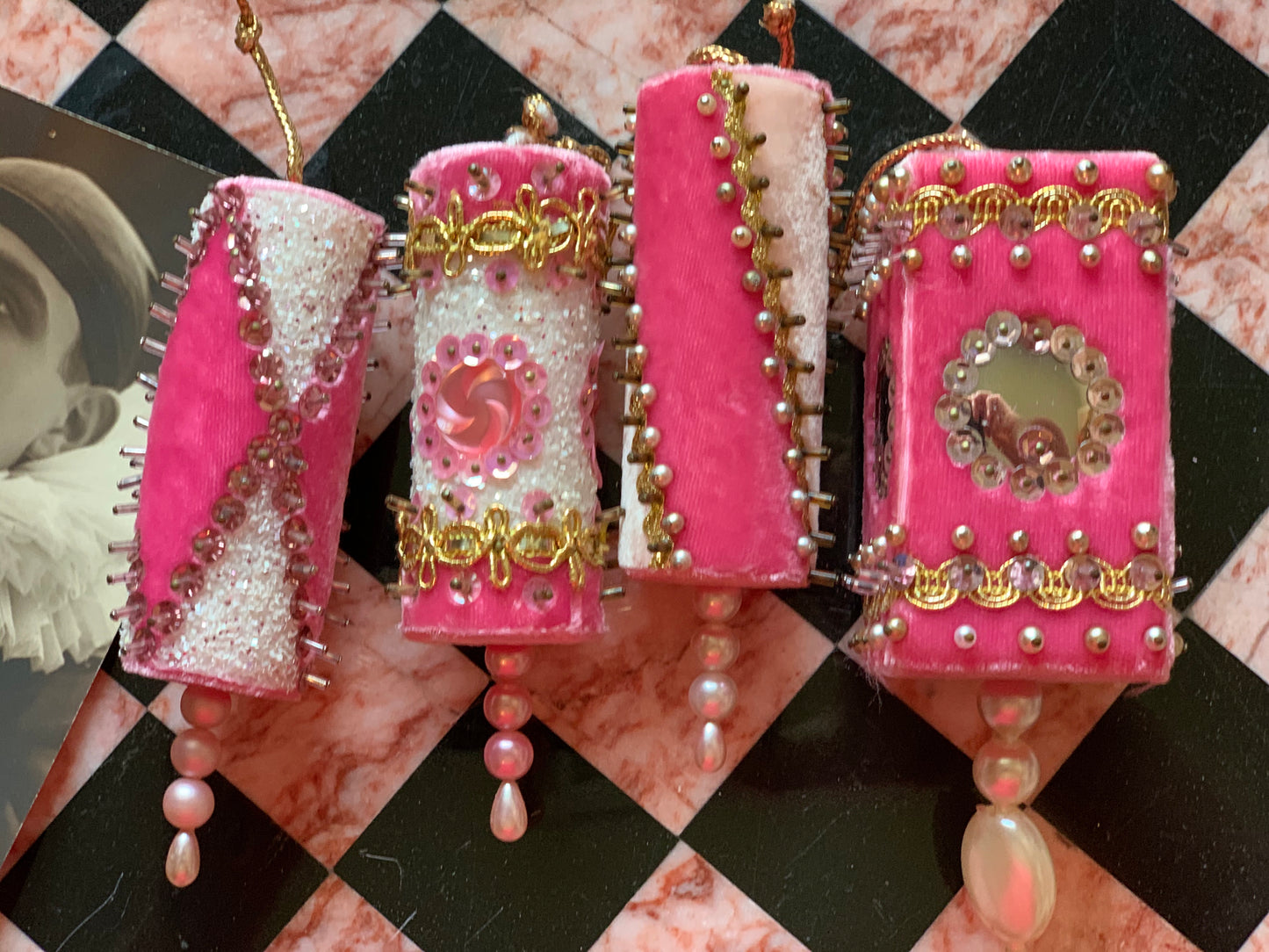 Vintage set pink velvet beaded handmade retro Christmas ornaments