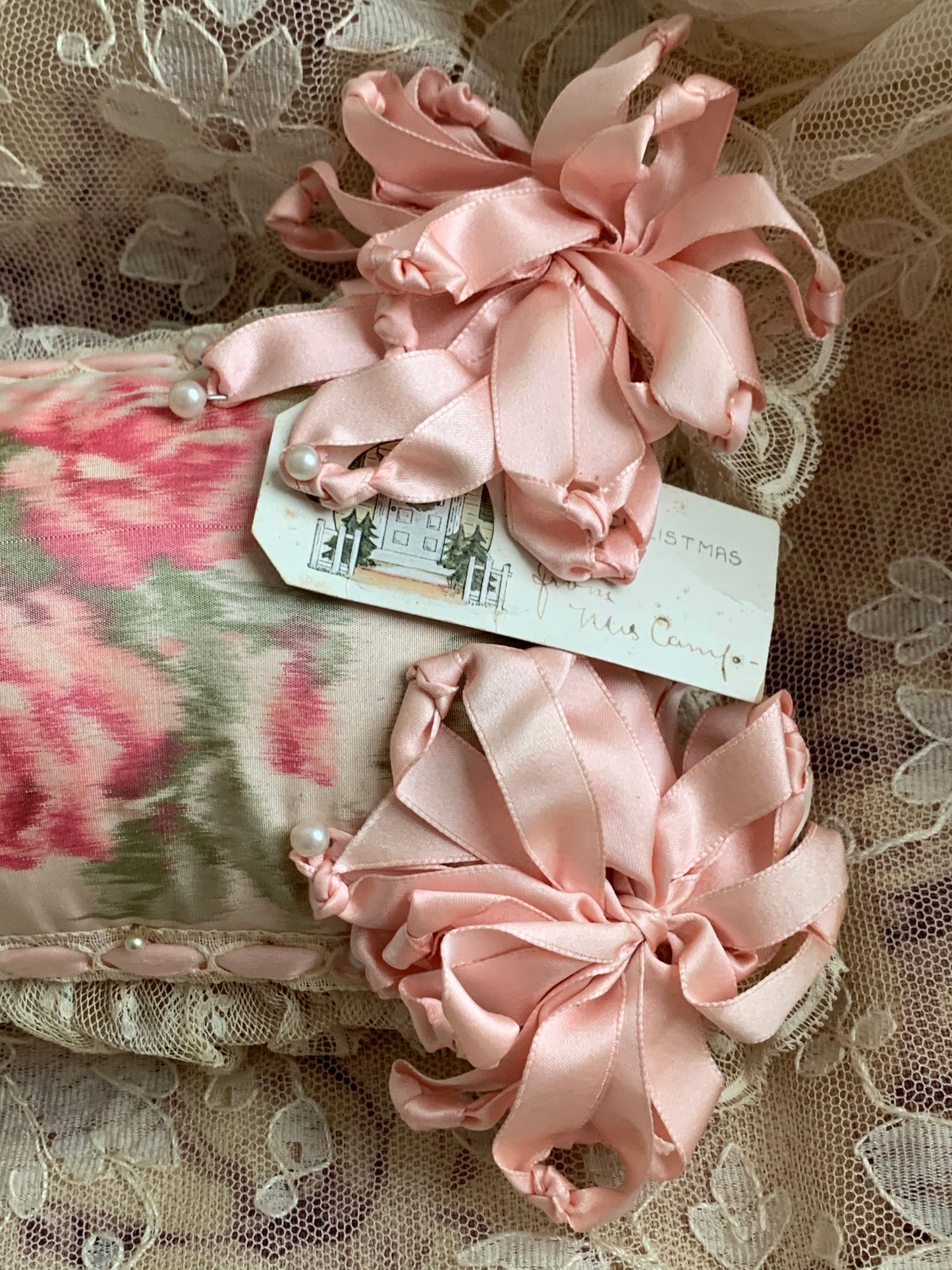 Vintage pink silk ribbon stuffed pincushion