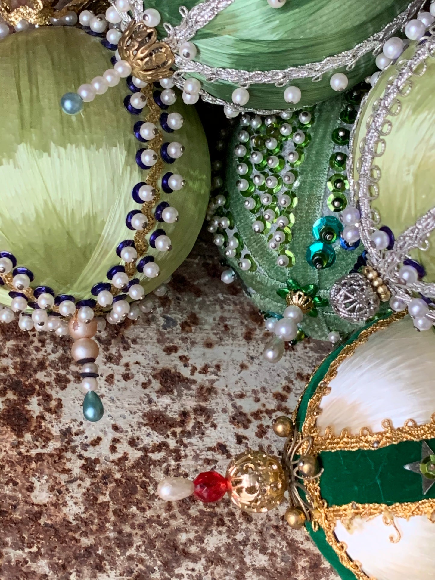 Vintage set green beaded Christmas ornaments