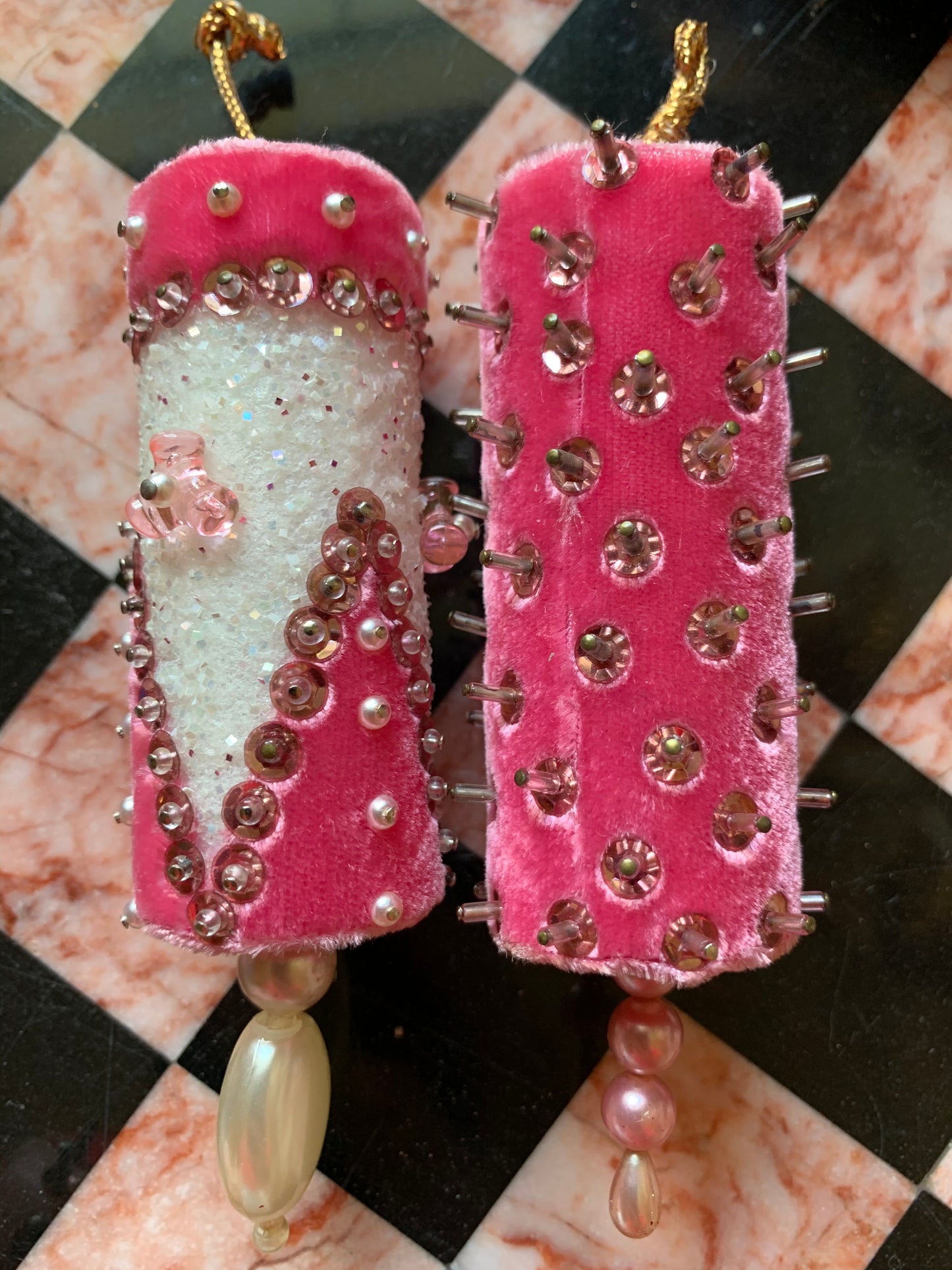 Vintage set pink velvet beaded handmade Christmas ornaments