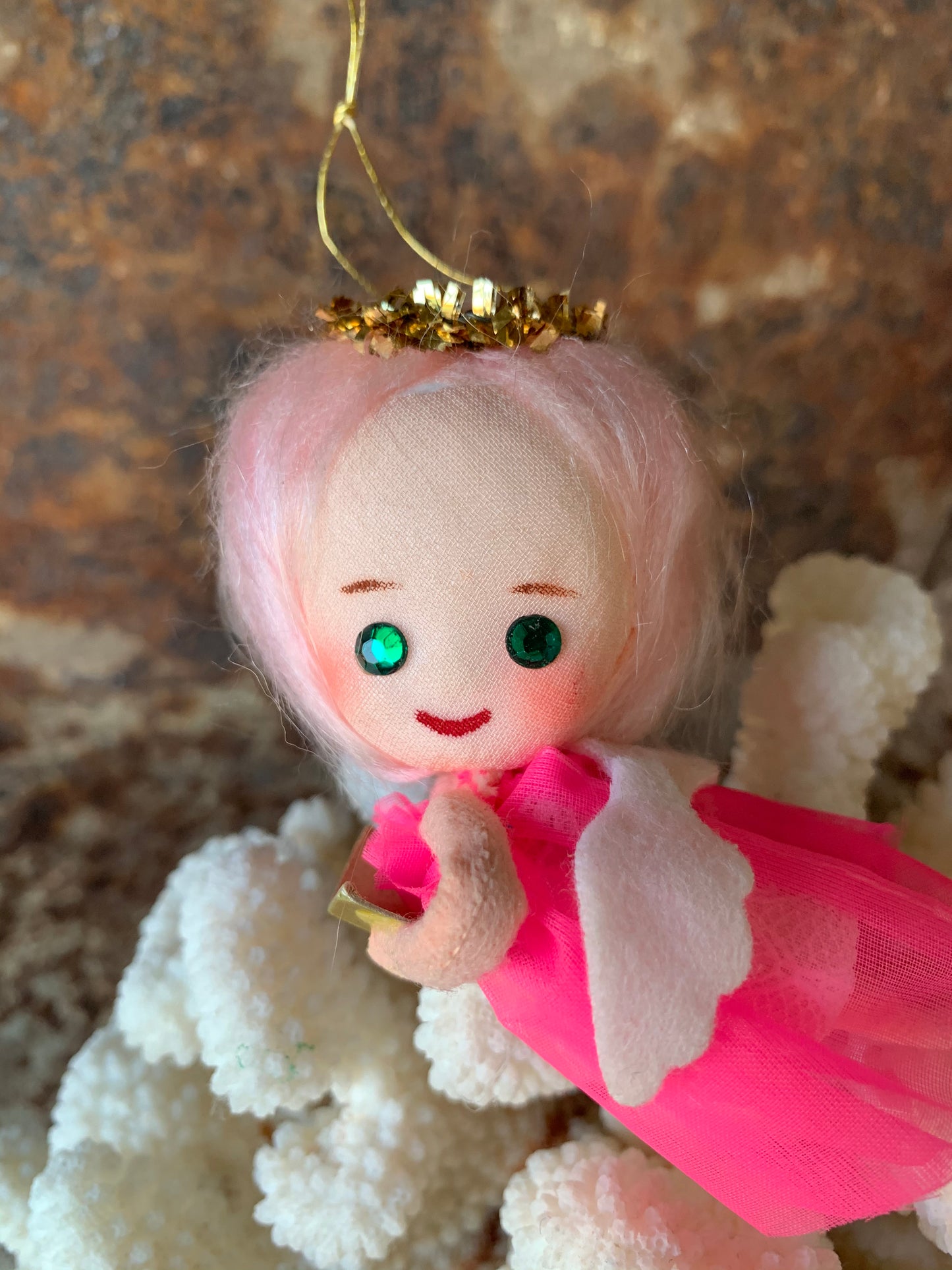 Vintage mini pink hair angel ornament Christmas pixie
