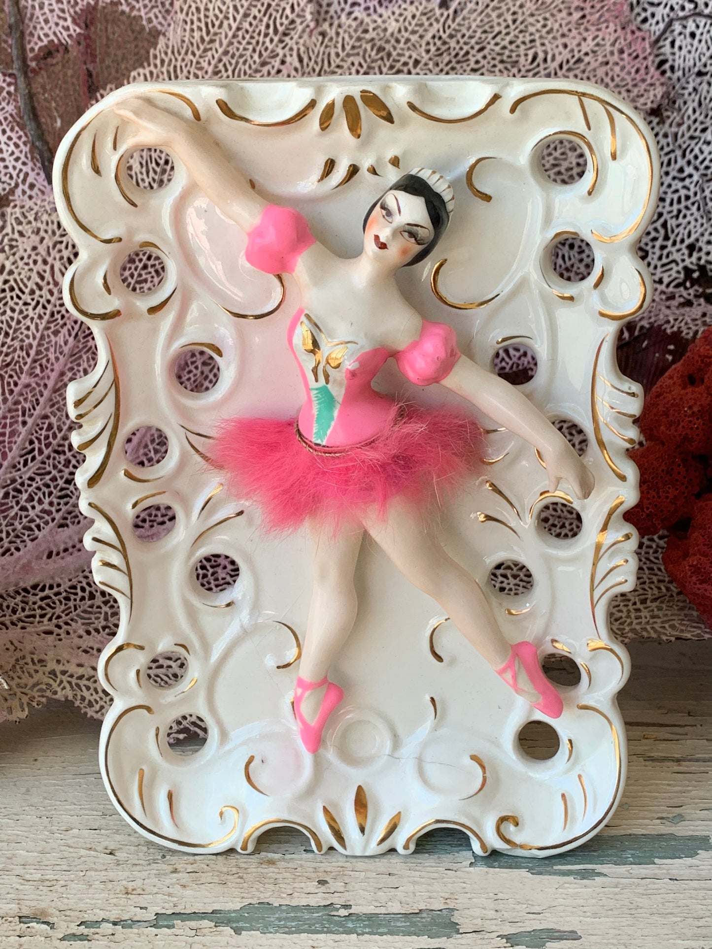 Vintage pink ballerina wall pocket plaque *as-is