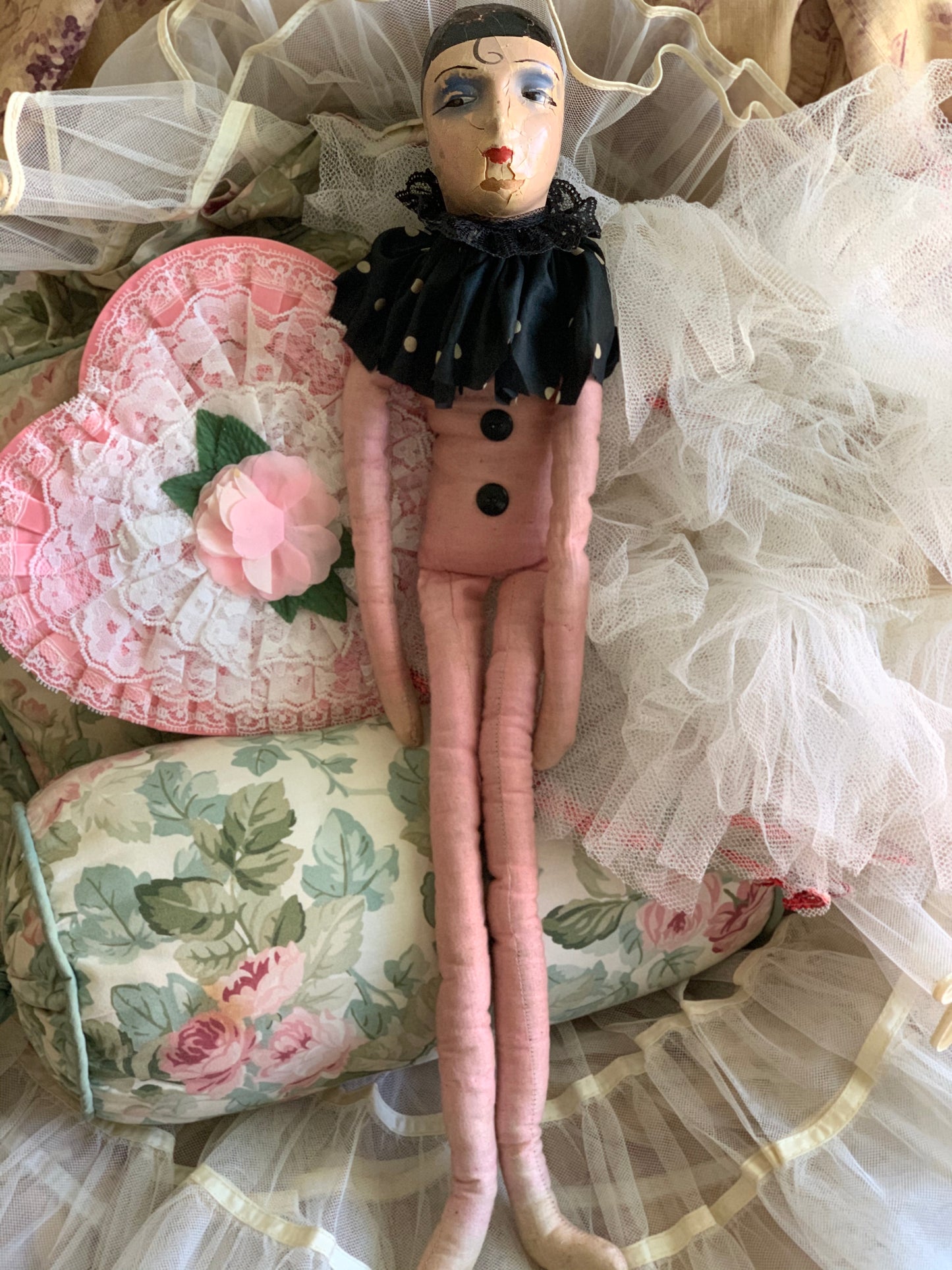 Vintage pierrot boudoir doll French style clown bed doll