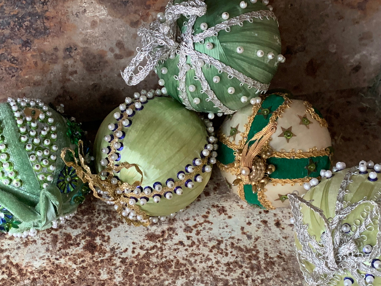 Vintage set green beaded Christmas ornaments