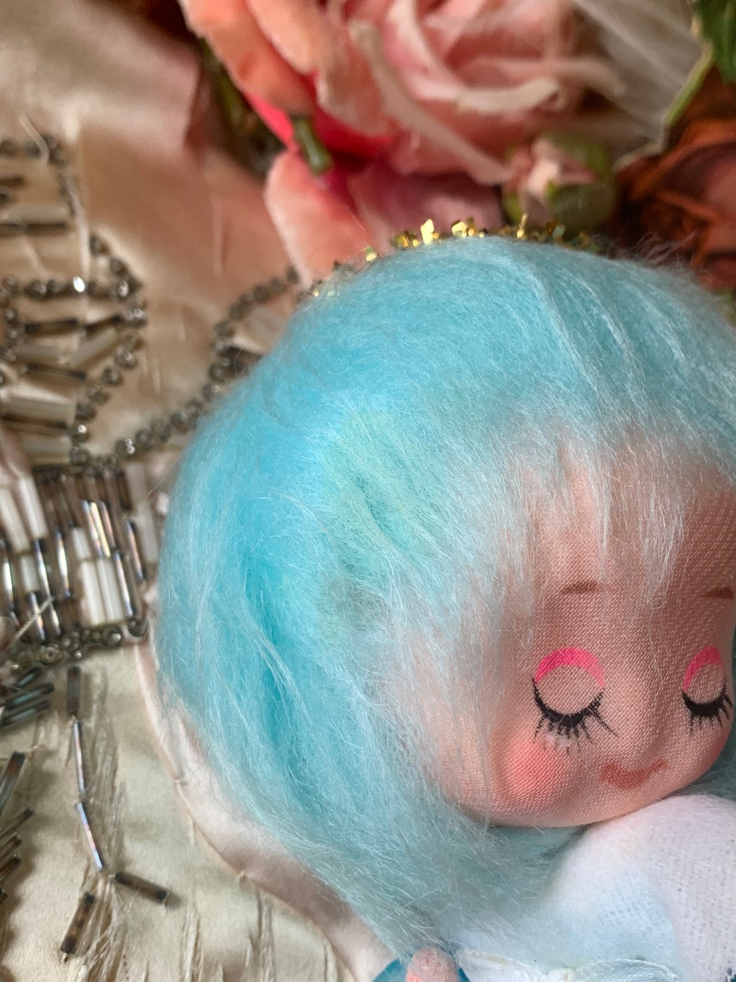 Vintage blue hair angel ornament